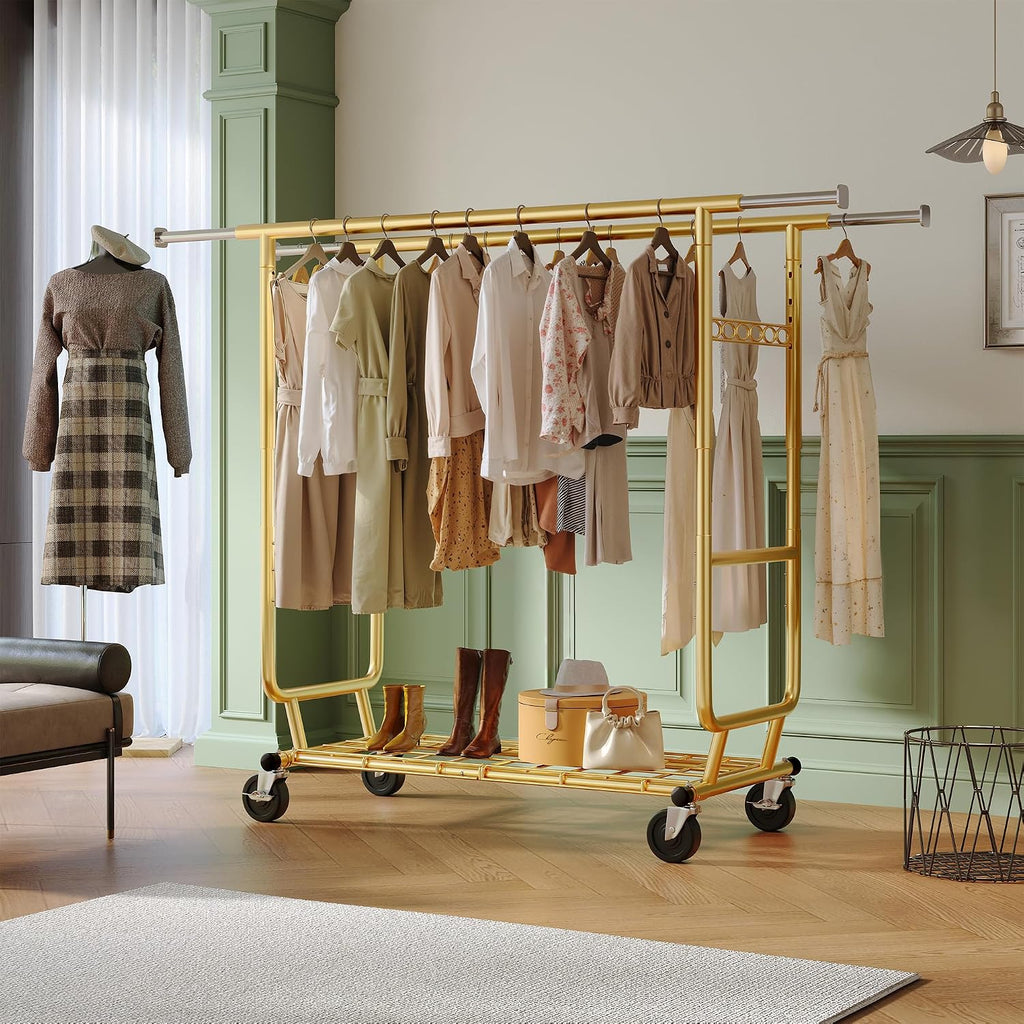 Raybee Clothes Rack Load 650LBS Heavy Duty Clothing Rack, Collapsible Clothes Racks for Hanging Clothes with Adjustable Height & Double Rods, Commercial Garment Rack with Wheels, Easy Assembly, Gold
