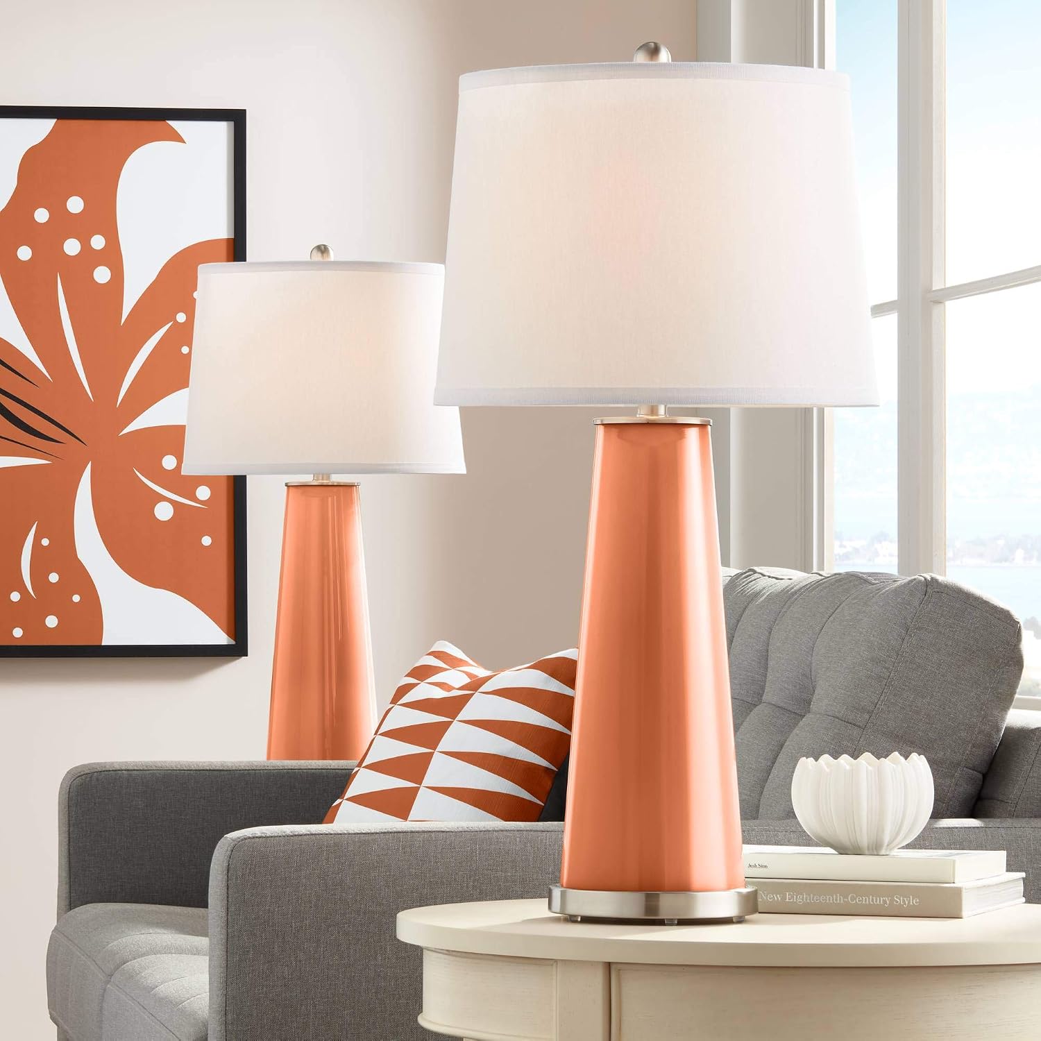 Color + Plus Leo Modern Table Lamps 29 1/2' Tall Set of 2 Robust Orange Glass Tapered Column Plain White Drum Shade Decor for Bedroom Living Room House Home Bedside Nightstand Office Family