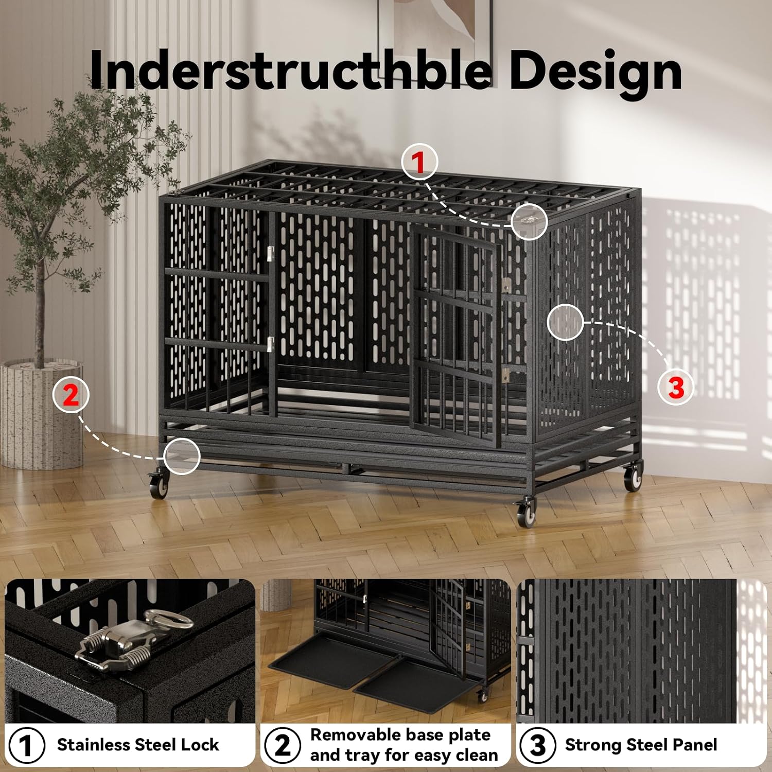 48 Inch Heavy Duty Dog Crate with Wheels,Indestructible Escape-Proof Dog Kennel with Locking Latch and Double Door,Extra Large XL XXL Crate Indoor for Large and Medium Dog with Removable Tray