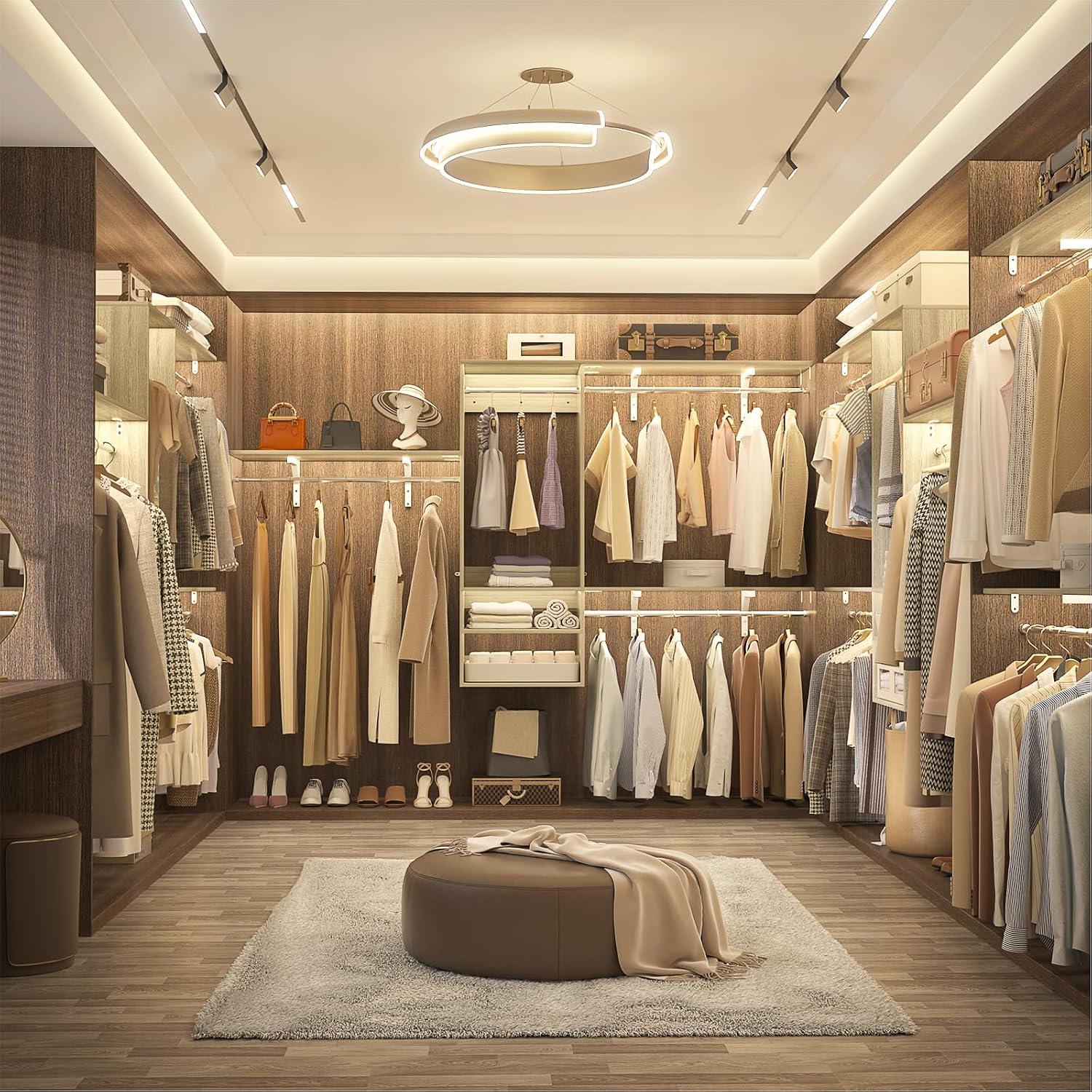 8FT Hanging Closet System, 96 Inch Closet Organizer System with Hanging Rod, Walk In Mounted Closet System, Built-In Clothes Garment Rack with 3 Shelving Towers(Can Be Cut To Fit), Oak