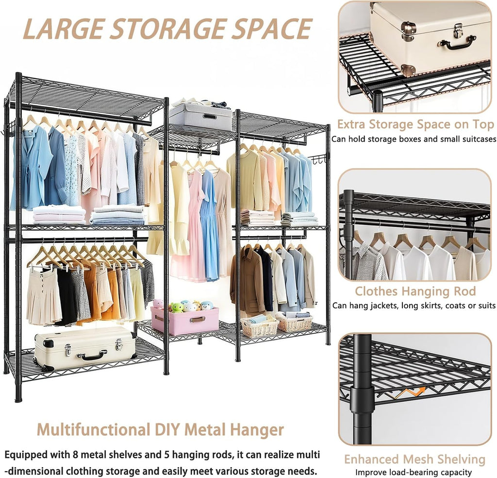 Heavy Duty Garment Rack, Freestanding Closet Organizer, Portable Wardrobe Clothes Rack, Adjustable Wire Shelving Clothes Rack with 8 Adjustable Wire Shelves and 5 Clothes Rails, Black (Without Hook)