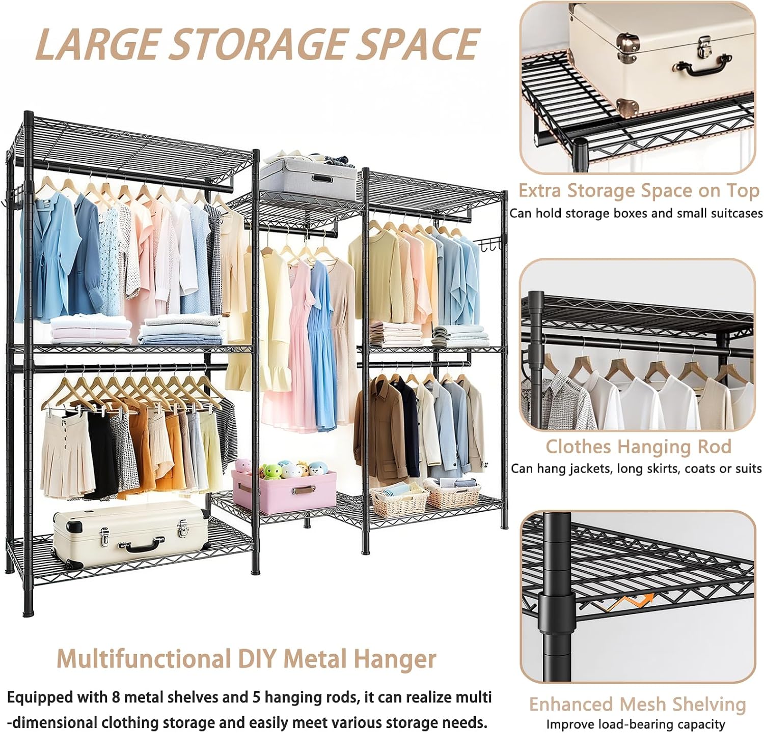 Heavy Duty Garment Rack, Freestanding Closet Organizer, Portable Wardrobe Clothes Rack, Adjustable Wire Shelving Clothes Rack with 8 Adjustable Wire Shelves and 5 Clothes Rails, Black (Without Hook)