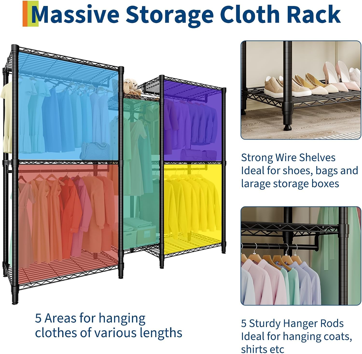 Freestanding Heavy Duty Garment Rack with Adjustable Shelves and Hanging Rods, Large 1870 Lbs Capacity Portable Closet Organizer for Bedroom or Cloakroom Storage, Black
