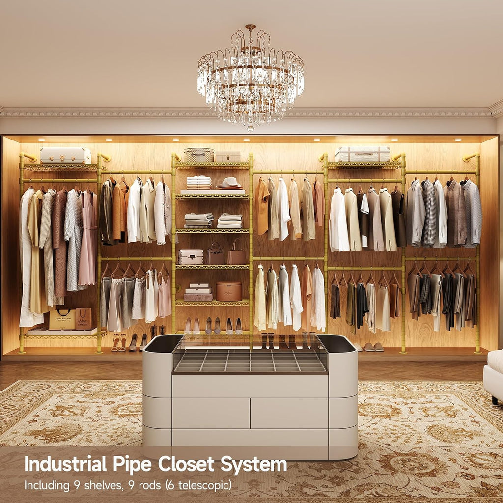 Wall Mounted Garment Rack, Industrial Pipe Clothing Rack, Closet System with 6 Expandable Rods, Walk in Closet Shelving, Clothes Organizers and Storage, Hanging Racks Wardrobe Renovation, Gold