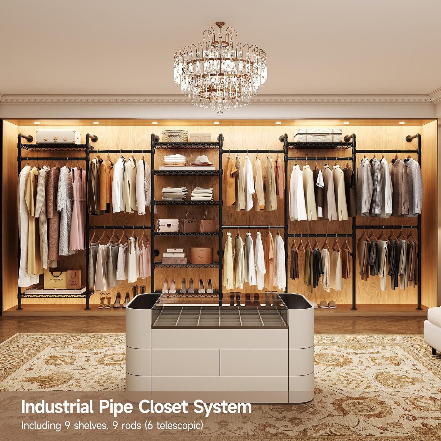Wall Mounted Garment Rack, Industrial Pipe Clothing Rack, Closet System with 6 Expandable Rods, Walk in Closet Shelving, Clothes Organizers and Storage, Hanging Racks Wardrobe Renovation, Black
