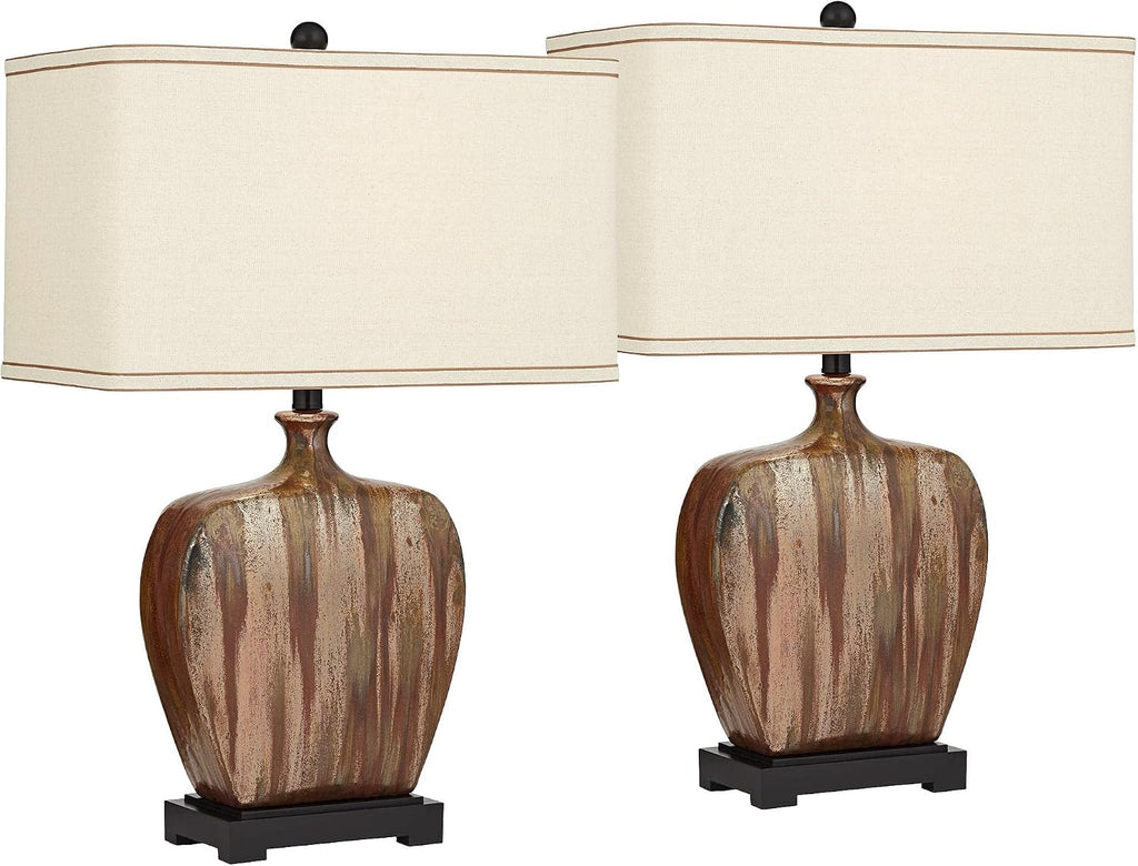 Possini Euro Design Julius Modern Rustic Style Table Lamps 27' Tall Set of 2 Ceramic Copper Drip Rectangular Fabric Shade Decor for Living Room Bedroom House Bedside Nightstand Home Office Reading