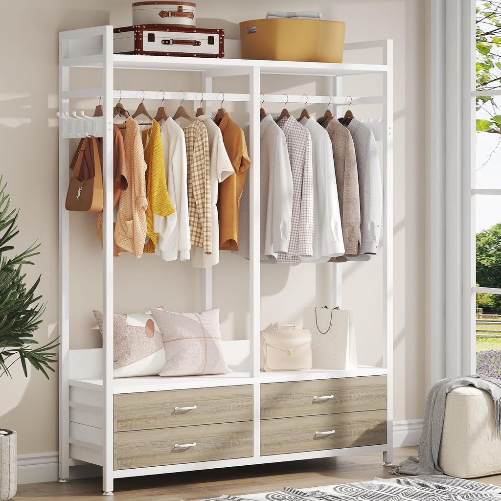 Tribesigns Freestanding Closet Organizer for Hanging Clothes, Heavy Duty Garment Rack with 4 Drawers, 8 Hooks and Storage Shelves, Wardrobe Closet Clothing Rack for Bedroom, Living Room, White Walnut