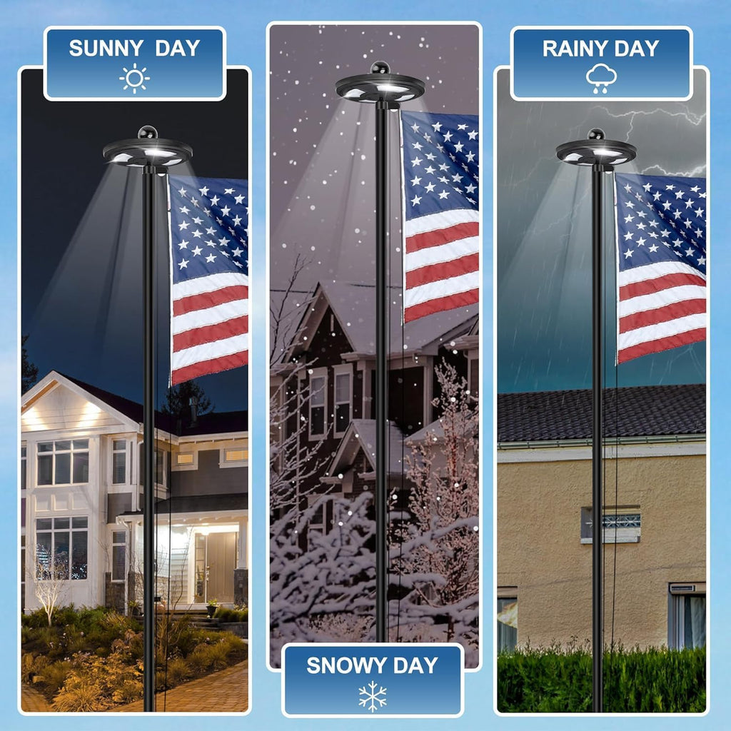 12 Gauge Extra Thick 20FT Black Flag Pole Kit with Solar Light in Ground | 12 Gauge Extra Thick Aluminum Flagpole with 3x5 TearProof Embroidered American Flag and 126 LED Light