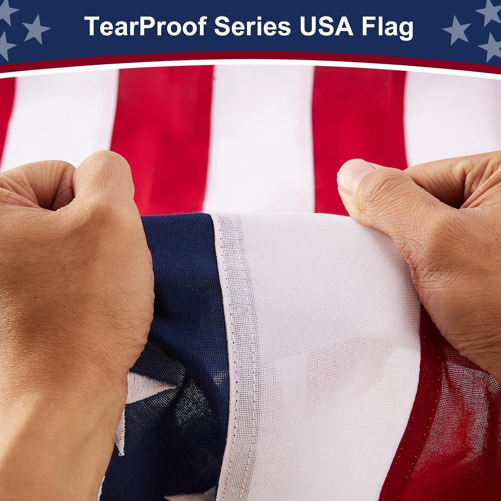 American Flag 10x15 ft Heavy Duty TearProof Series, All Weather High Wind US Flag, Premium Spun Polyester with Embroidered Stars, Sewn Stripes, Brass Grommets for Outdoor Use