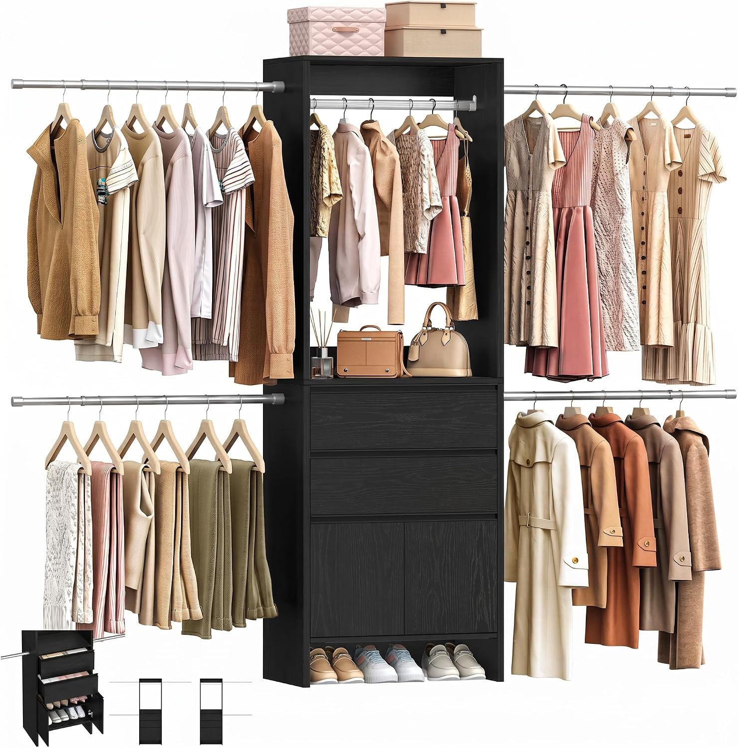 Hzuaneri Closet System with 2 Drawers, Walk-in Closet Organizer System Wooden Storage Systems with 4 Hang Rods & Shoe Cabinet, Wardrobe Clothes Rack Garment Rack Fits Spaces 6-10 ft, Black MC00104B