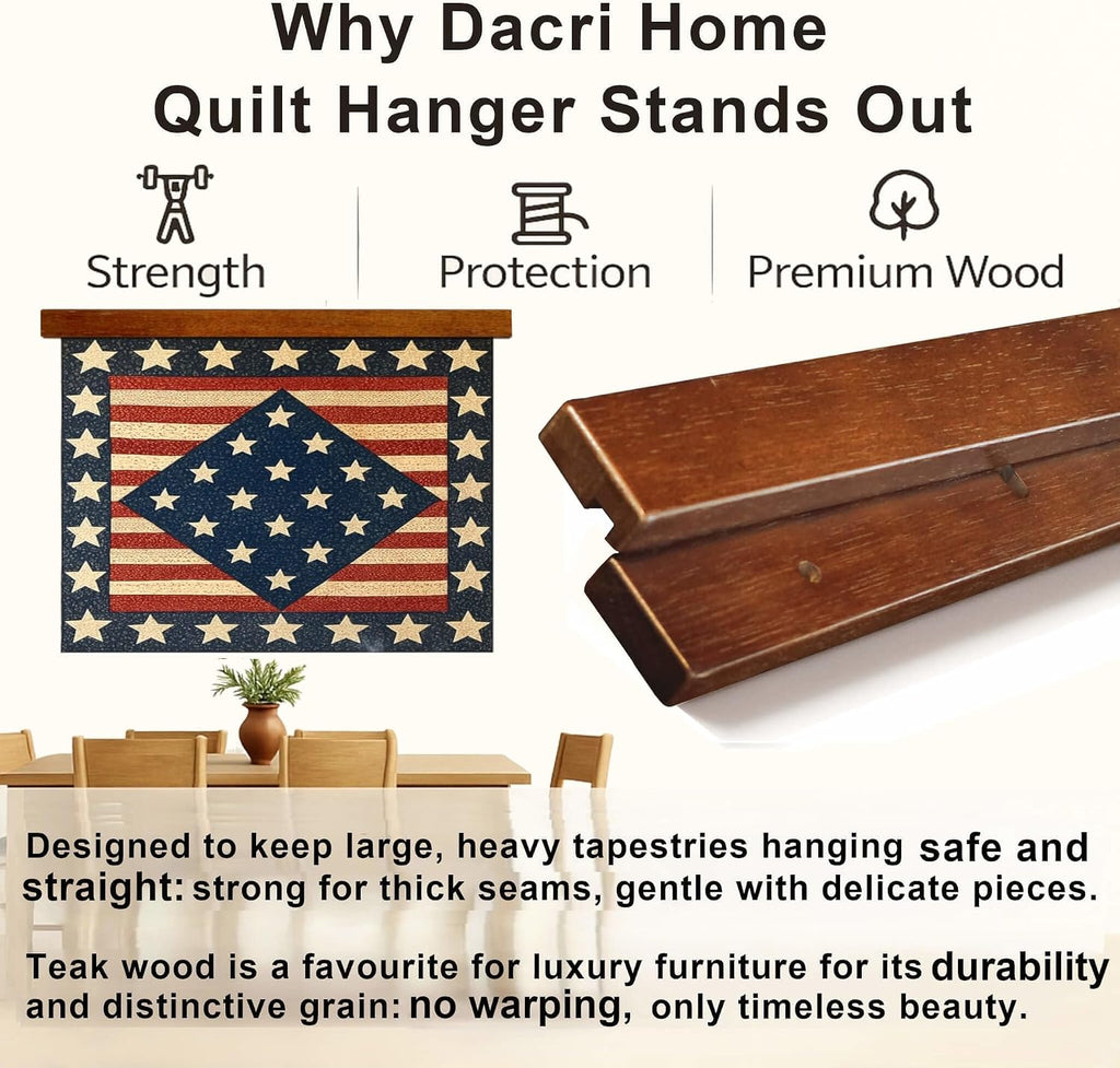 Dacri Home Quilt Hanger for Wall Display - 48 Inch Tapestry Hanger from Premium Teak Wood - Safe Mount Quilt Rack for Heavy Rugs, Tapestries, and Other Wall Hangings (Light Wallnut Stain)