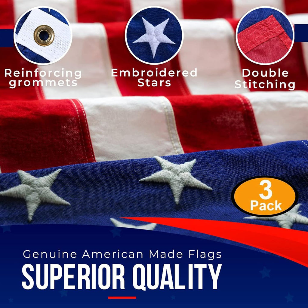 American Flags for Outside 3X5 (Pack of 3) - 3x5 Flag with Embroidered Stars and Sewn Stripes, Heavy Duty, All Weather, Made in USA for High Wind