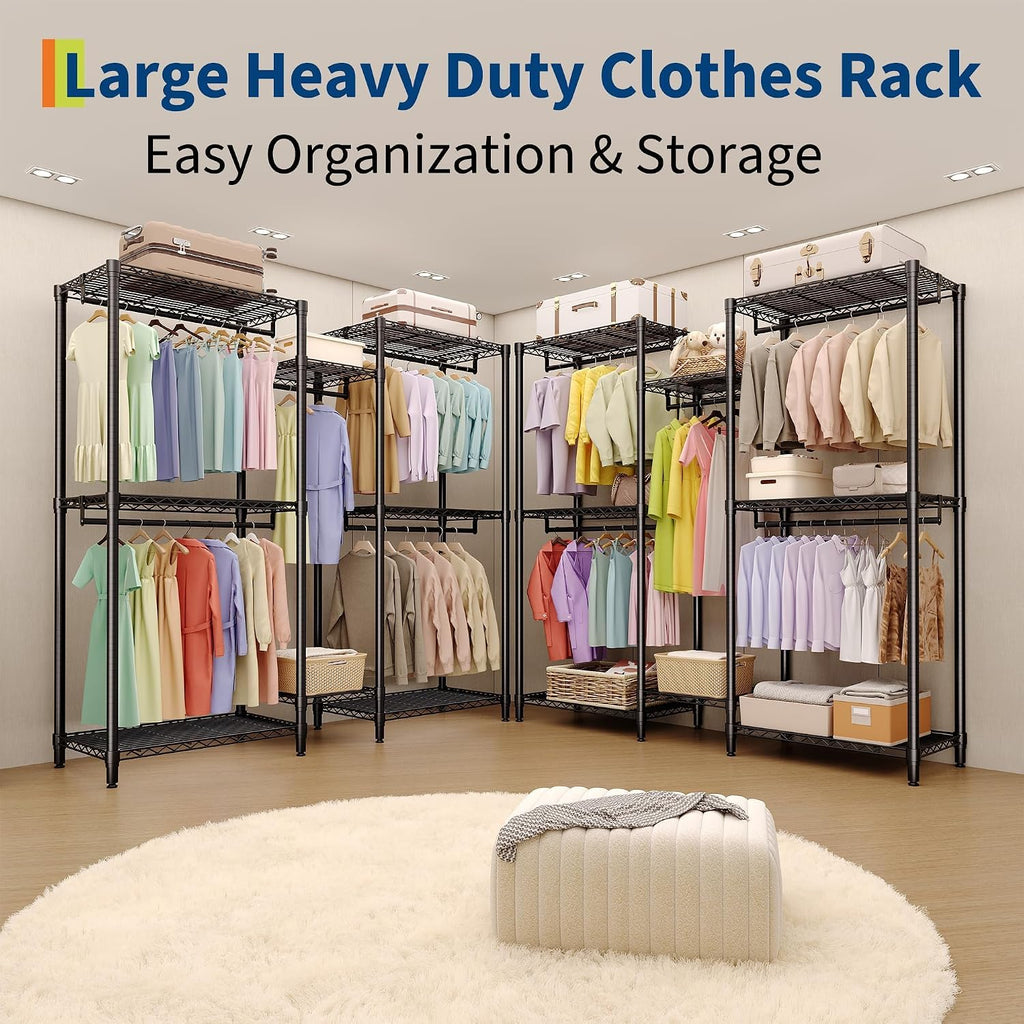 Freestanding Heavy Duty Garment Rack with Adjustable Shelves and Hanging Rods, Large 1870 Lbs Capacity Portable Closet Organizer for Bedroom or Cloakroom Storage, Black