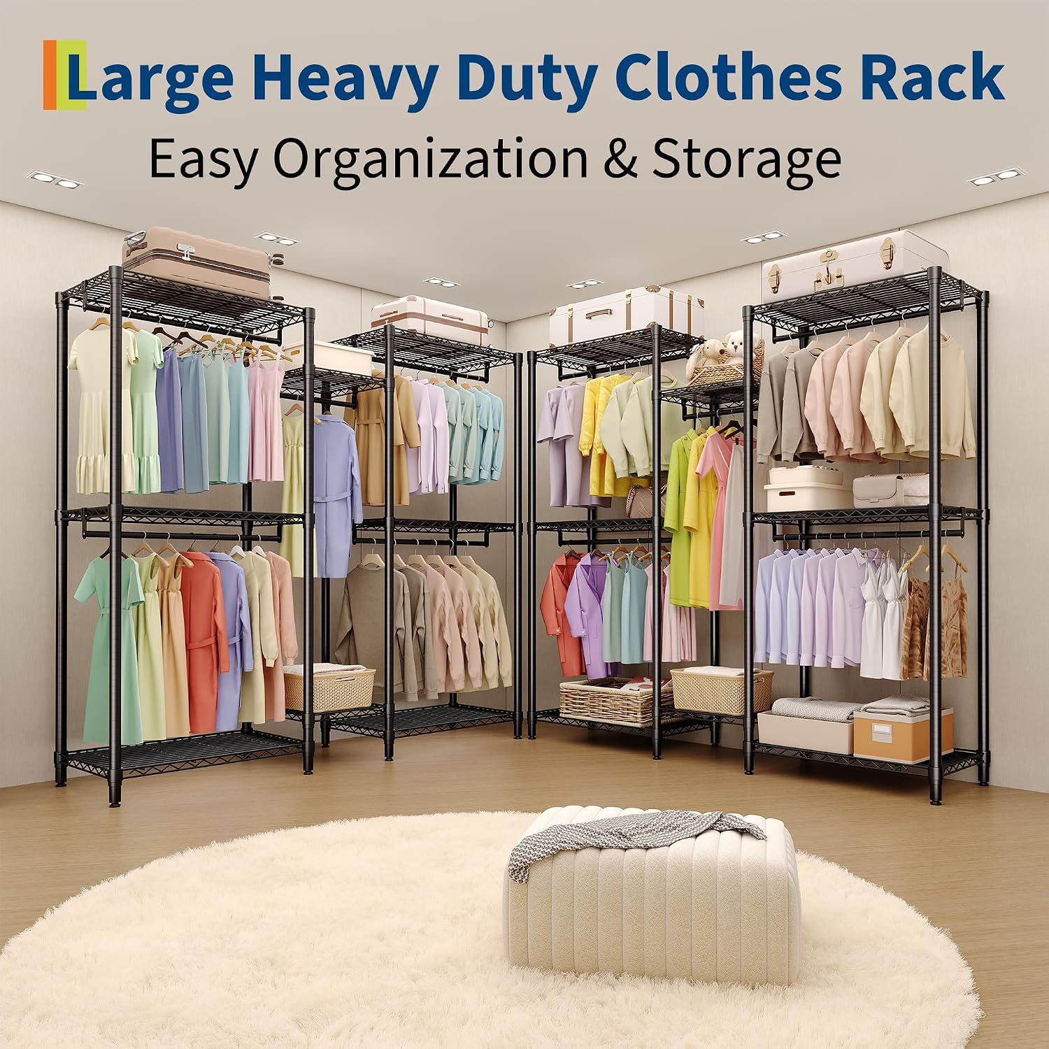 Freestanding Heavy Duty Garment Rack with Adjustable Shelves and Hanging Rods, Large 1870 Lbs Capacity Portable Closet Organizer for Bedroom or Cloakroom Storage, Black
