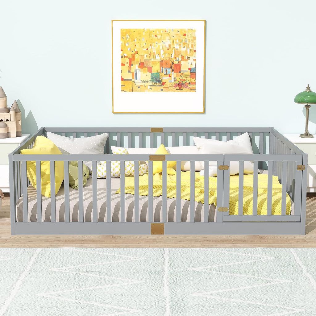 Full Size Floor Bed with 21.5' High Rails and Door, Solid Rubber Wood Montessori Bed Full for Boys Girls, Low Profile Kids Beds Frame with 6 Slats, No Box Spring Needeed, Grey