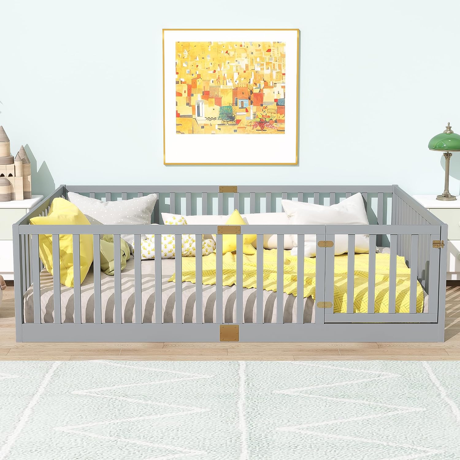 Full Size Floor Bed with 21.5' High Rails and Door, Solid Rubber Wood Montessori Bed Full for Boys Girls, Low Profile Kids Beds Frame with 6 Slats, No Box Spring Needeed, Grey