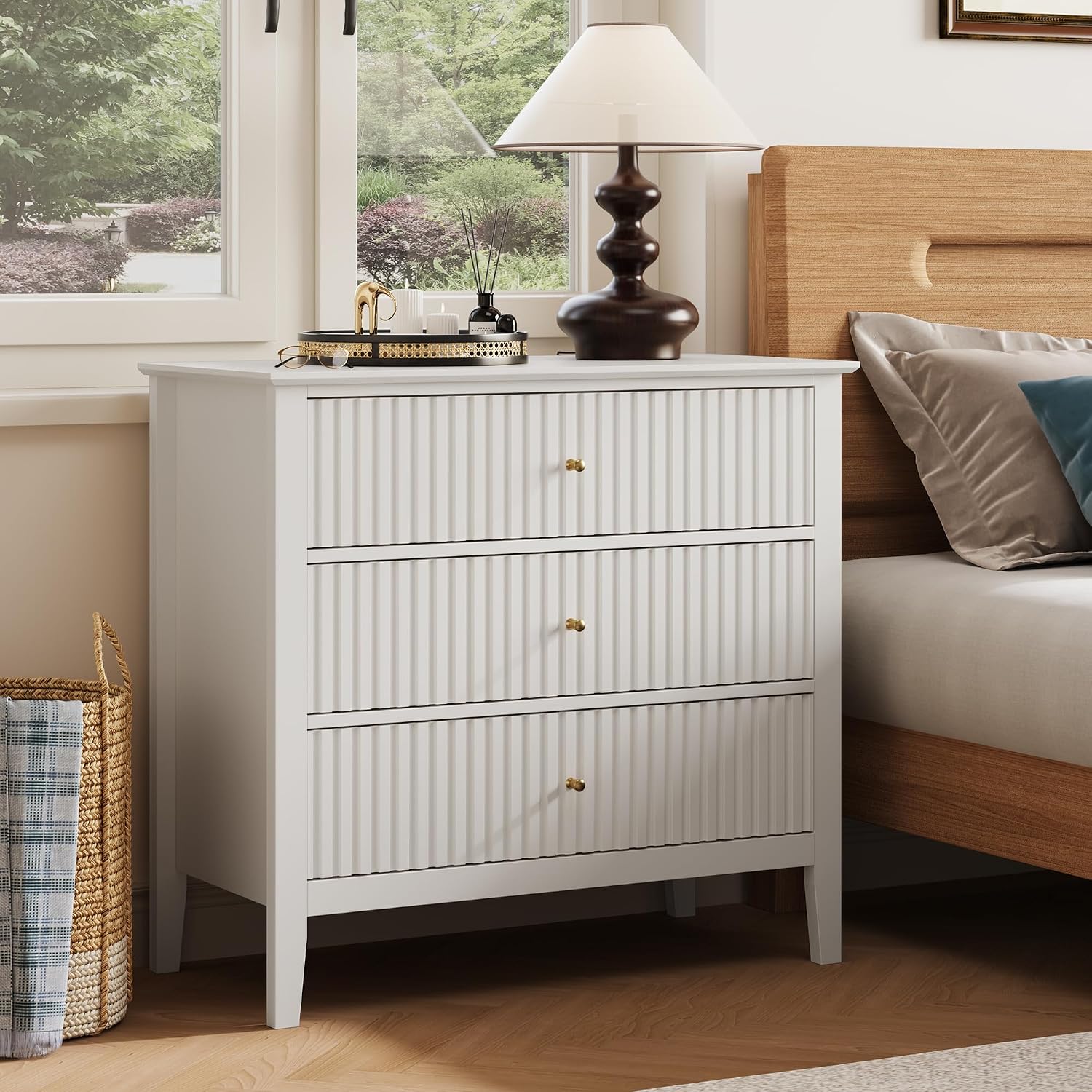 RoyalCraft 32' Large Nightstand Set of 2, Fluted Painted Bedside Table with 3 Spacious Drawers, Modern Tall End Table for Bedroom, White
