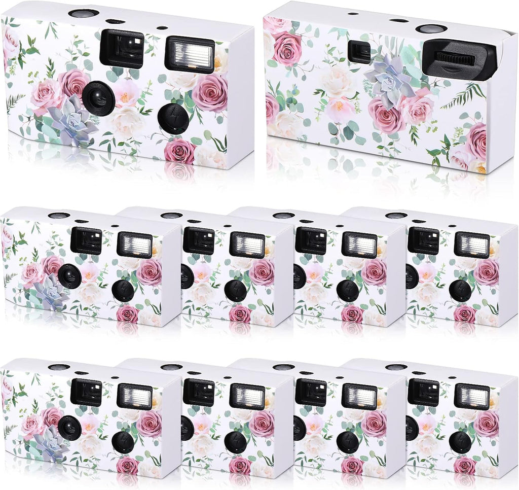10 Pack Disposable Camera for Wedding Bulk, 35mm Single Use Camera Bulk with Flash Black and White Film for Gathering Wedding Travel (Pink Rose,Black and White Film)