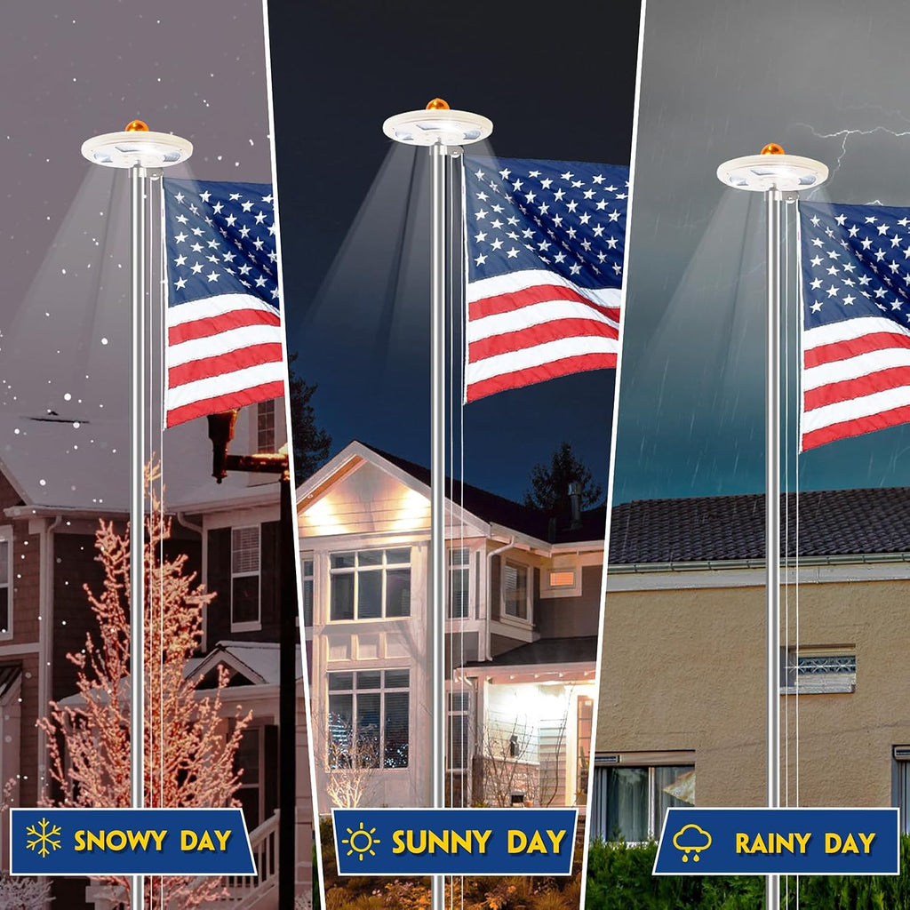 20FT Sliver Heavy Duty Flag Pole Kit with Solar Light & 3x5Ft American Flag | Wind resistant 12 gauge aluminum flies no tangle 3x5 US flag, with 128 LED solar light for 10H continuous shining