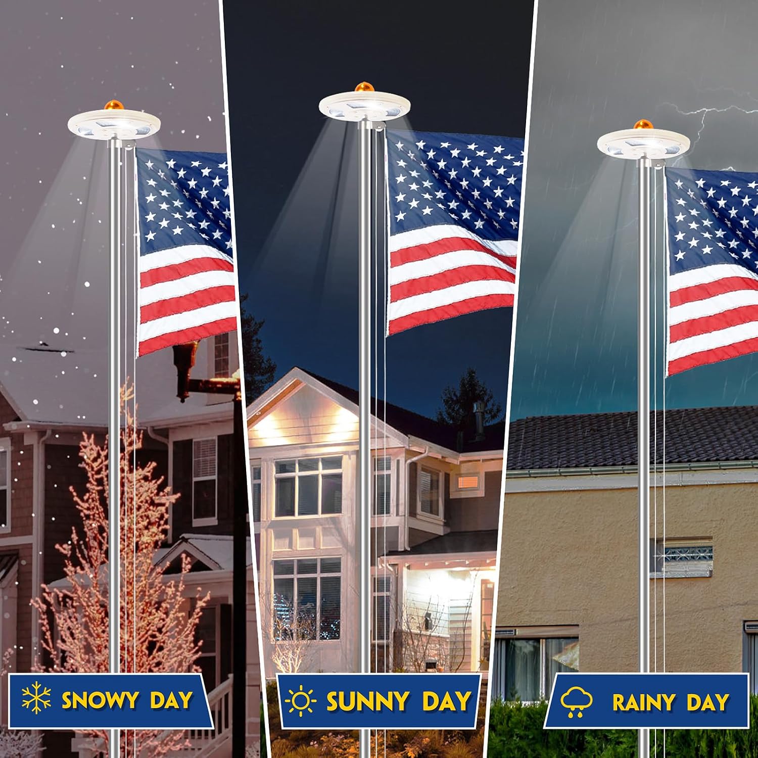 25FT Sliver Heavy Duty Flag Pole Kit with Solar Light & 3x5Ft American Flag | Wind resistant 12 gauge aluminum flies no tangle 3x5 US flag, with 128 LED solar light for 10H continuous shining