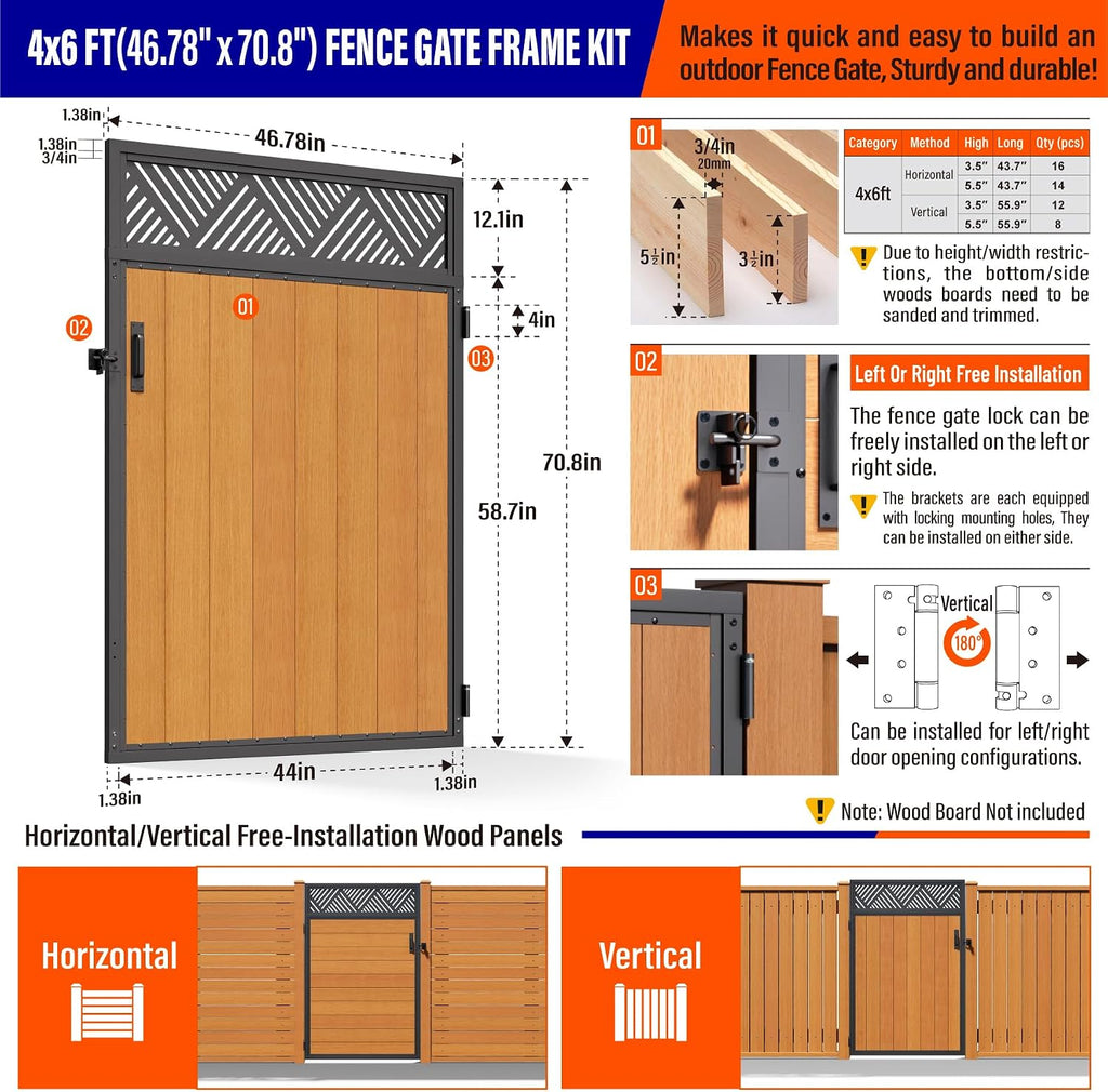 4x6FT (46.78'W X 70.8'H) 201 Stainless Steel Anti Sag Wooden Fence Gate Kit Heavy Duty Garden Gate Frame Hardware Kit Reinforcement (Left/Right Free-Installation)