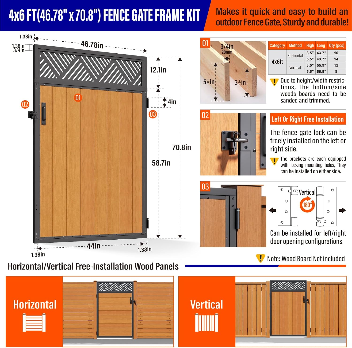 4x6FT (46.78'W X 70.8'H) 201 Stainless Steel Anti Sag Wooden Fence Gate Kit Heavy Duty Garden Gate Frame Hardware Kit Reinforcement (Left/Right Free-Installation)