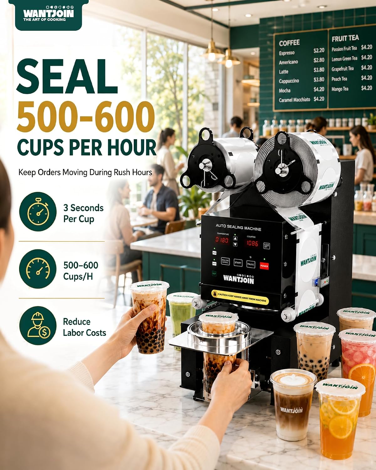 WantJoin Cup Sealing Machine Full Automatic Cup Sealer Machine 90/95mm Electric Cup Sealing Machine 500-600 Cups/H Digital Control LCD Panel Cup Sealer for Bubble Milk Tea Coffee Black