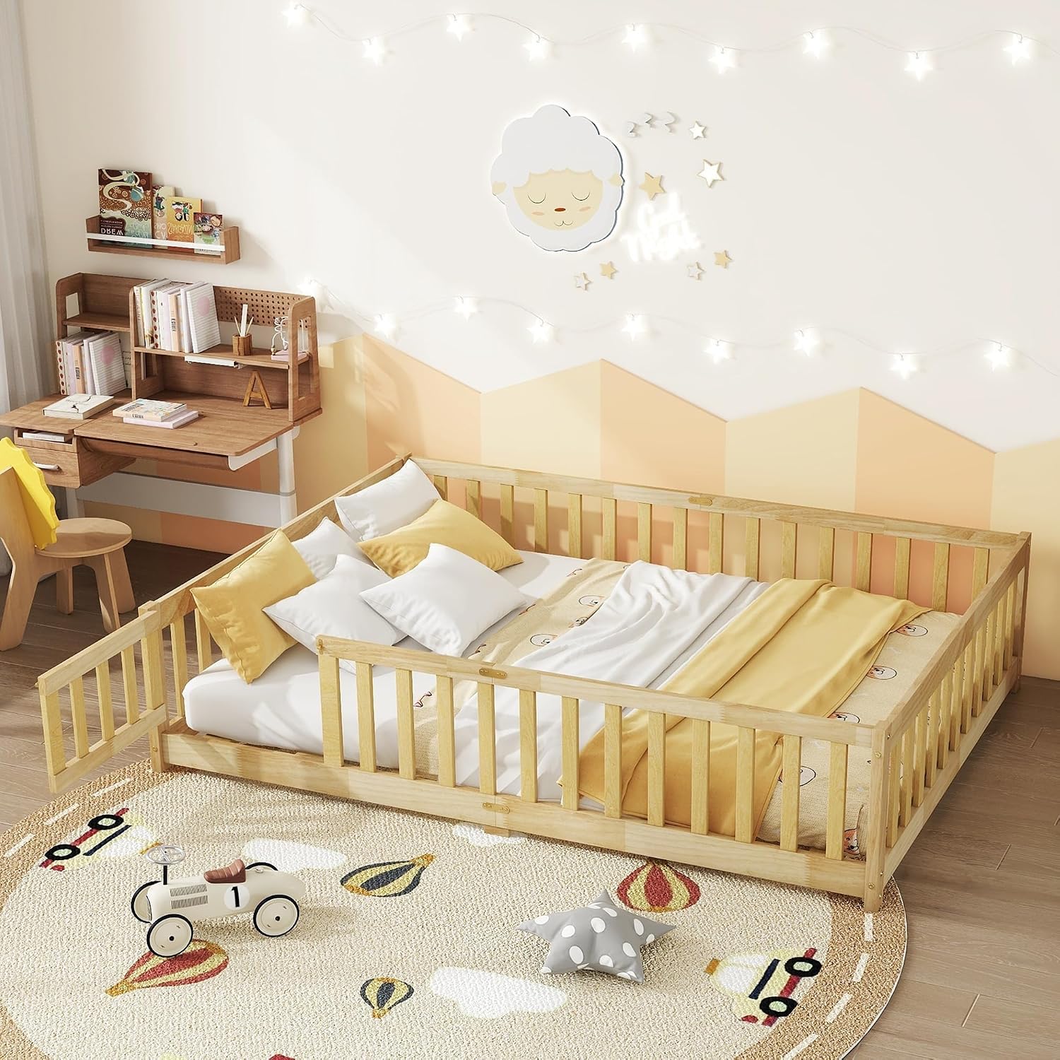 Full Floor Bed with Safety Guardrails for Kids, Rubber Wood Montessori Bed with Slats and Convertible Door,Full Size Bed Frame for Girls and Boys,No Box Spring Needed,Natural