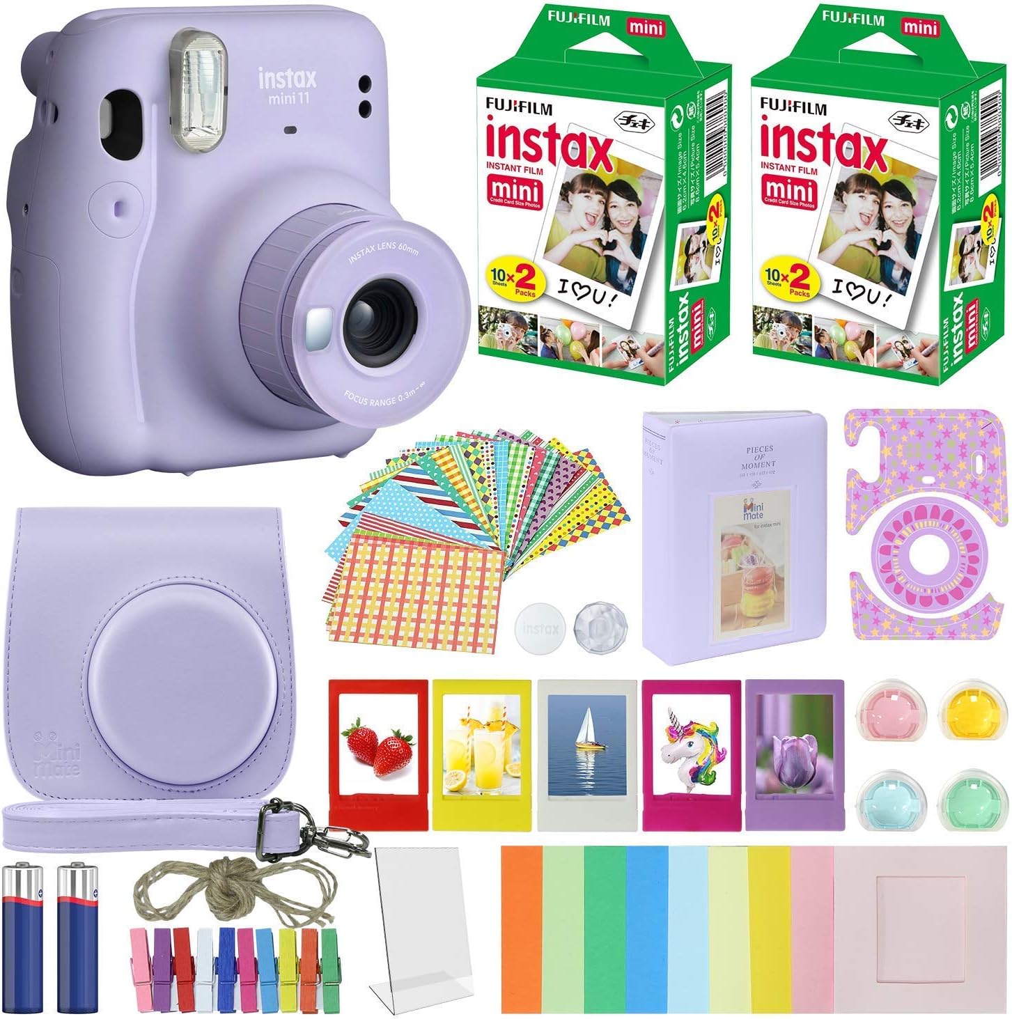 Fujifilm Instax Mini 11 Instant Camera + MiniMate Accessories Bundle + Fuji Instax Film Value Pack (40 Sheets) Accessories Bundle, Color Filters, Album, Frames (Lilac Purple, Standard Packaging)