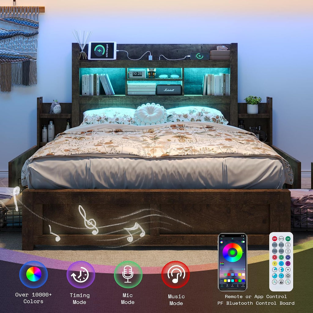 LUXOAK Full Bed Frame with 49.6' Bookcase Headboard & 2 Bedside Stoage Racks & 4 Drawers, Farmhouse Wood Bed Frame with RGB LED & Charging Station, No Box Spring Needed, Rustic Brown