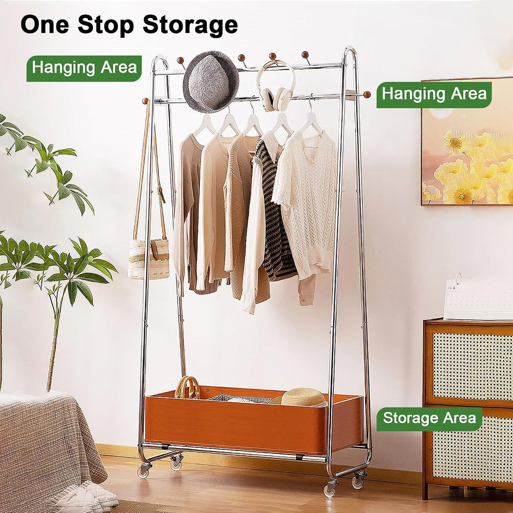 32in Modern Minimalist Coat Rack Stand Metal Garment Rack Features Solid Wood Storage Basket And 4 Wheels Floor Standing Clothes Rack Organizer For Bedrooms, Living Rooms,Walnut finish,24.4in
