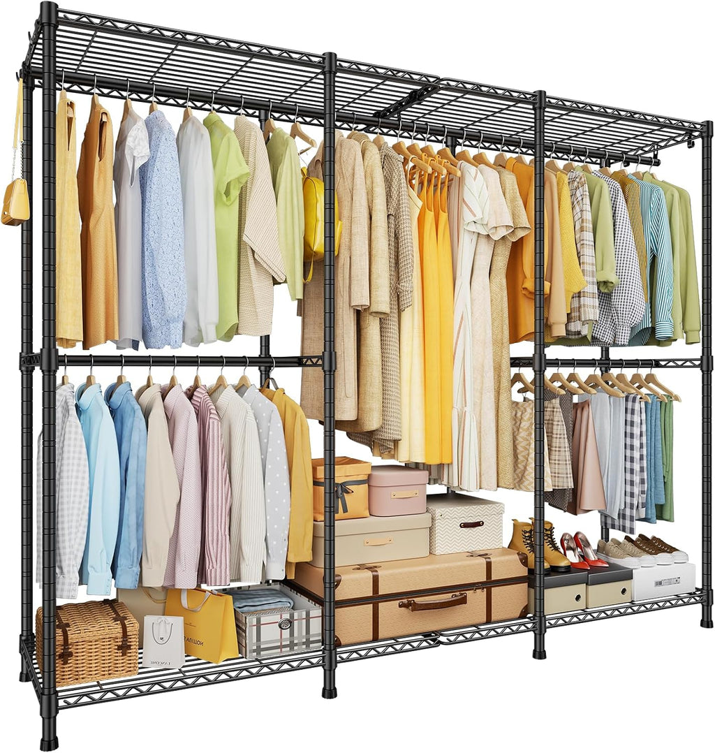 ULIFHOME E14 Pro Heavy Duty Clothes Rack，Freestanding Clothing Racks for Hanging Clothes，Adjustable Closet Organizers and Storage，Metal Garment Rack with Shelves 69'W x16'D x77'H，Max Load 960LBS，Black
