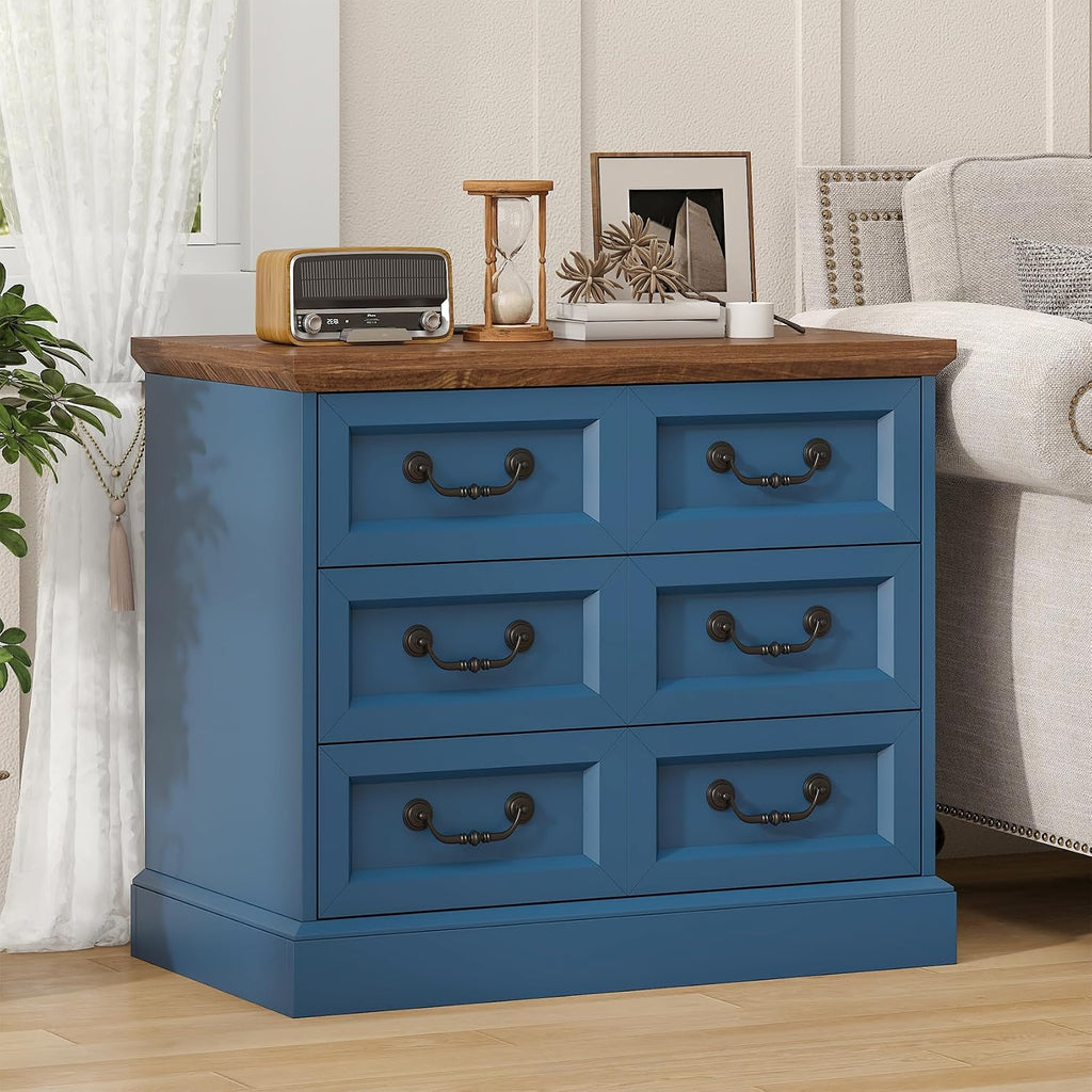 VVFLU 27.6' Wide Farmhouse Nightstand with Charging Station, 3 Drawer Nightstands Set of 2, Larger Side Table End Table, Modern Night Stand for Bedroom, Living Room, Blue Nightstand