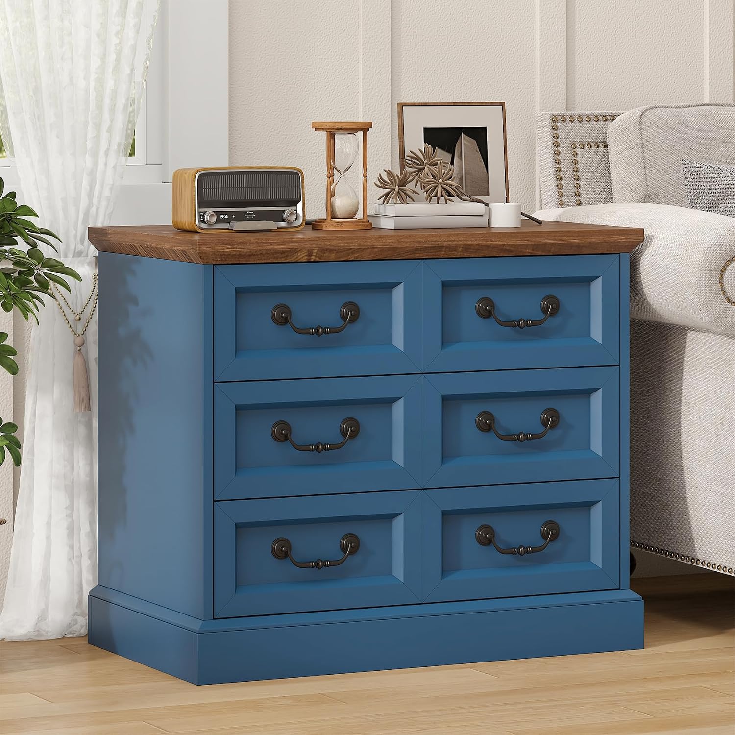 VVFLU 27.6' Wide Farmhouse Nightstand with Charging Station, 3 Drawer Nightstands Set of 2, Larger Side Table End Table, Modern Night Stand for Bedroom, Living Room, Blue Nightstand