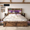 LUXOAK Full Bed Frame with 49.6' Bookcase Headboard & 2 Bedside Stoage Racks & 4 Drawers, Farmhouse Wood Bed Frame with RGB LED & Charging Station, No Box Spring Needed, Rustic Brown