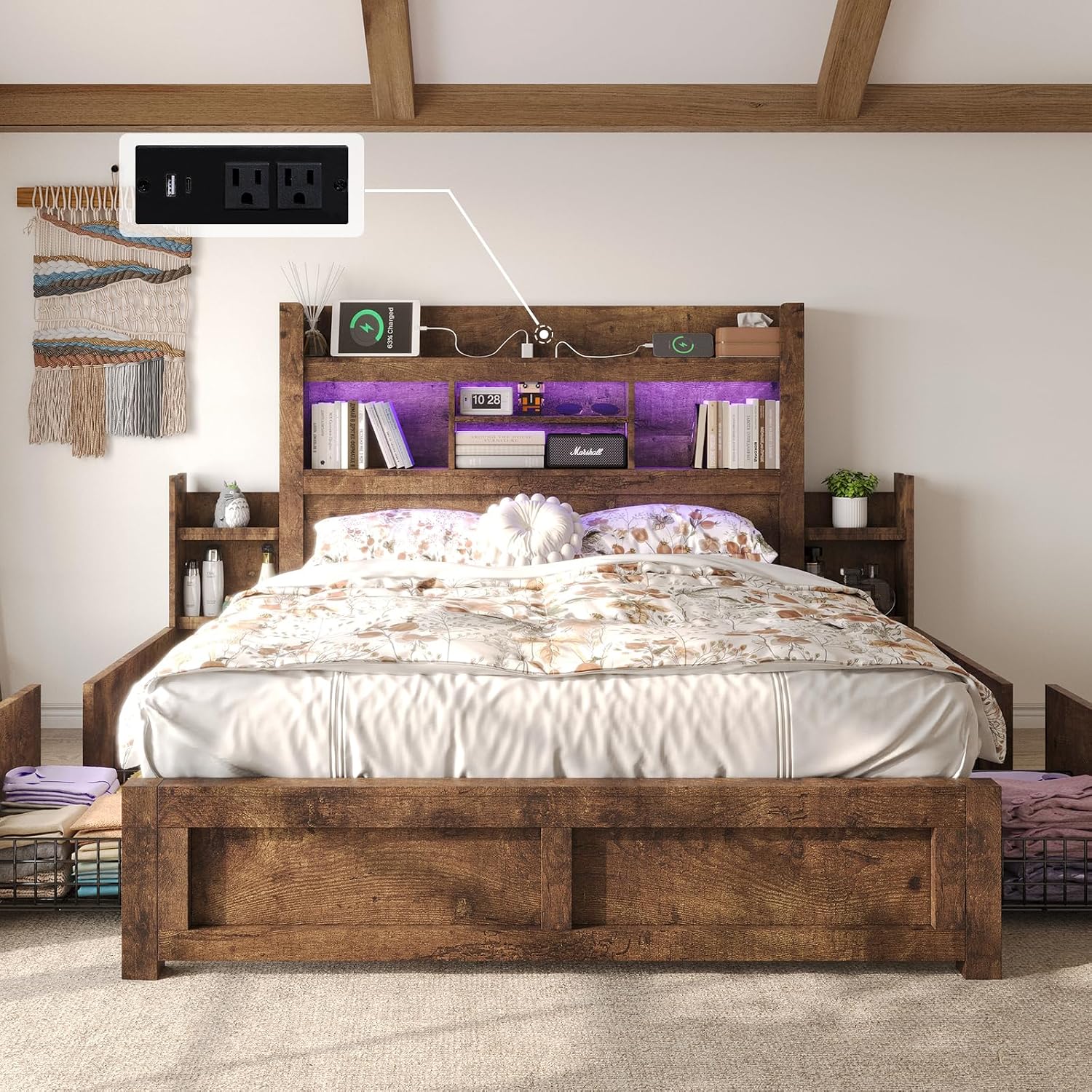 LUXOAK Full Bed Frame with 49.6' Bookcase Headboard & 2 Bedside Stoage Racks & 4 Drawers, Farmhouse Wood Bed Frame with RGB LED & Charging Station, No Box Spring Needed, Rustic Brown