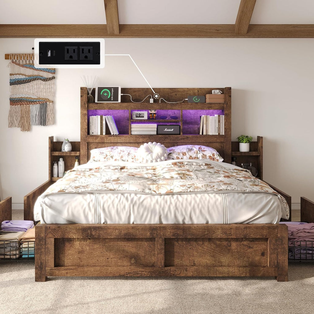 LUXOAK Queen Bed Frame with 49.6' Bookcase Headboard & 2 Detachable Bedside Stoage Racks & 4 Drawers, Farmhouse Wood Bed Frame with RGB LED & Charging Station, No Box Spring Needed, Rustic Brown