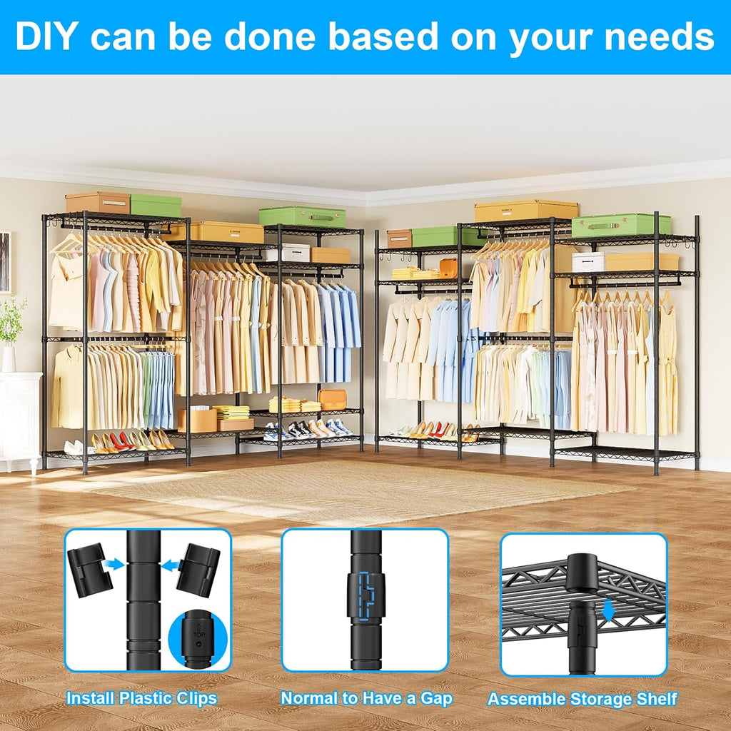 Ulif E13 Pro Heavy Duty Clothes Rack（With 4 Hanger Rods & 8 Shelves） Freestanding Clothing Racks for Hanging Clothes，Adjustable Closet，Metal Garment Rack 75' W x16 D x77 H，Max Load 1000LBS，Black