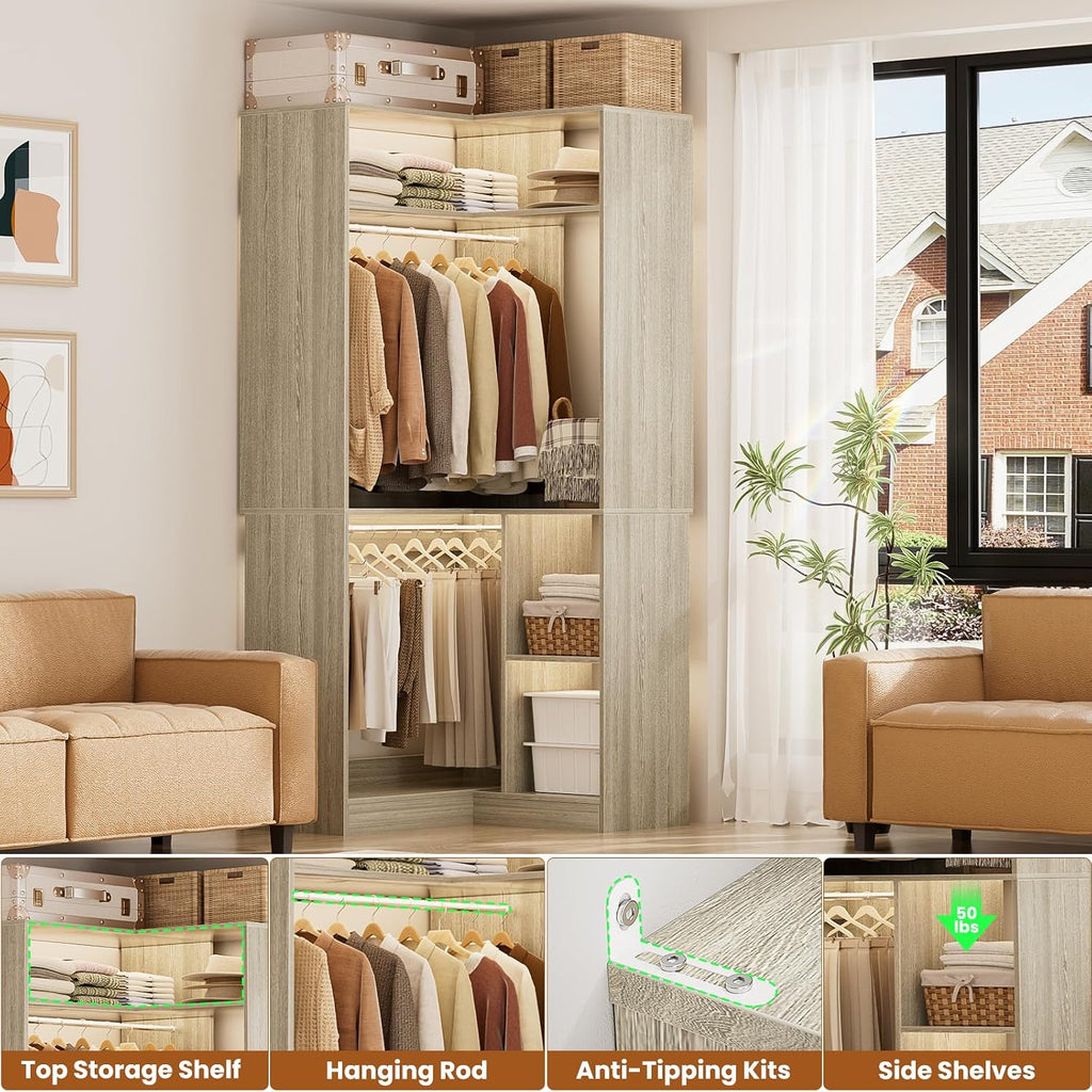 Aheaplus Corner Closet System with Shelves, 34'' Closet Organizer System with Hanging Rods, Wood Walk-in Closets for Corner Small Space,Freestanding Corner Tower, L Shaped Garment Rack, White Oak