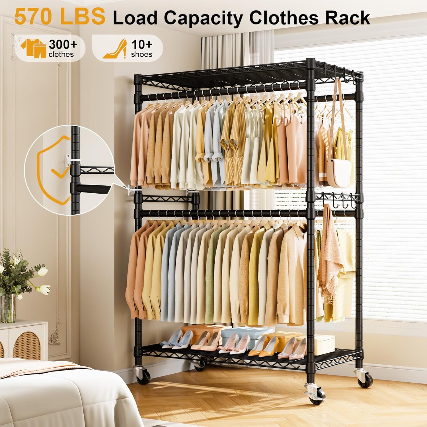 ULIFHOME P4 Plus & P7 Rolling Clothes Rack Heavy Duty, Clothing Racks for Hanging Clothes, Free Standing Garment Racks with Wheels, Portable Closet Rack 45''W × 20.5''D × 80.5''H, Black