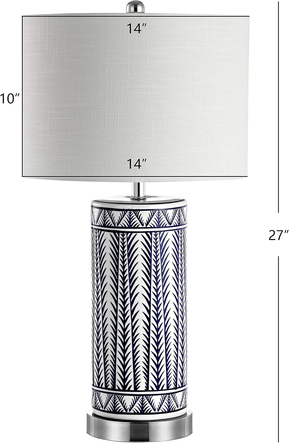 JONATHAN Y 27' Navy Ceramic Contemporary USB Charging LED Table Lamp Set of 2, Geometric Column Lamp with White Linen Drum Shade, Chrome Base, LED Bulbs Included JYL6615A-SET2