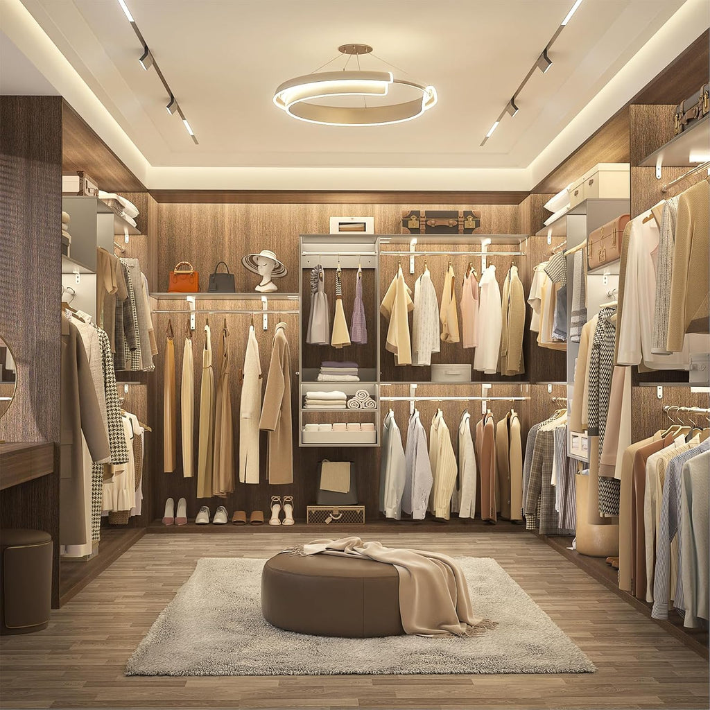 8FT Hanging Closet System, 96 Inch Closet Organizer System with Hanging Rod, Walk In Mounted Closet System, Built-In Clothes Garment Rack with 3 Shelving Towers(Can Be Cut To Fit), Grey