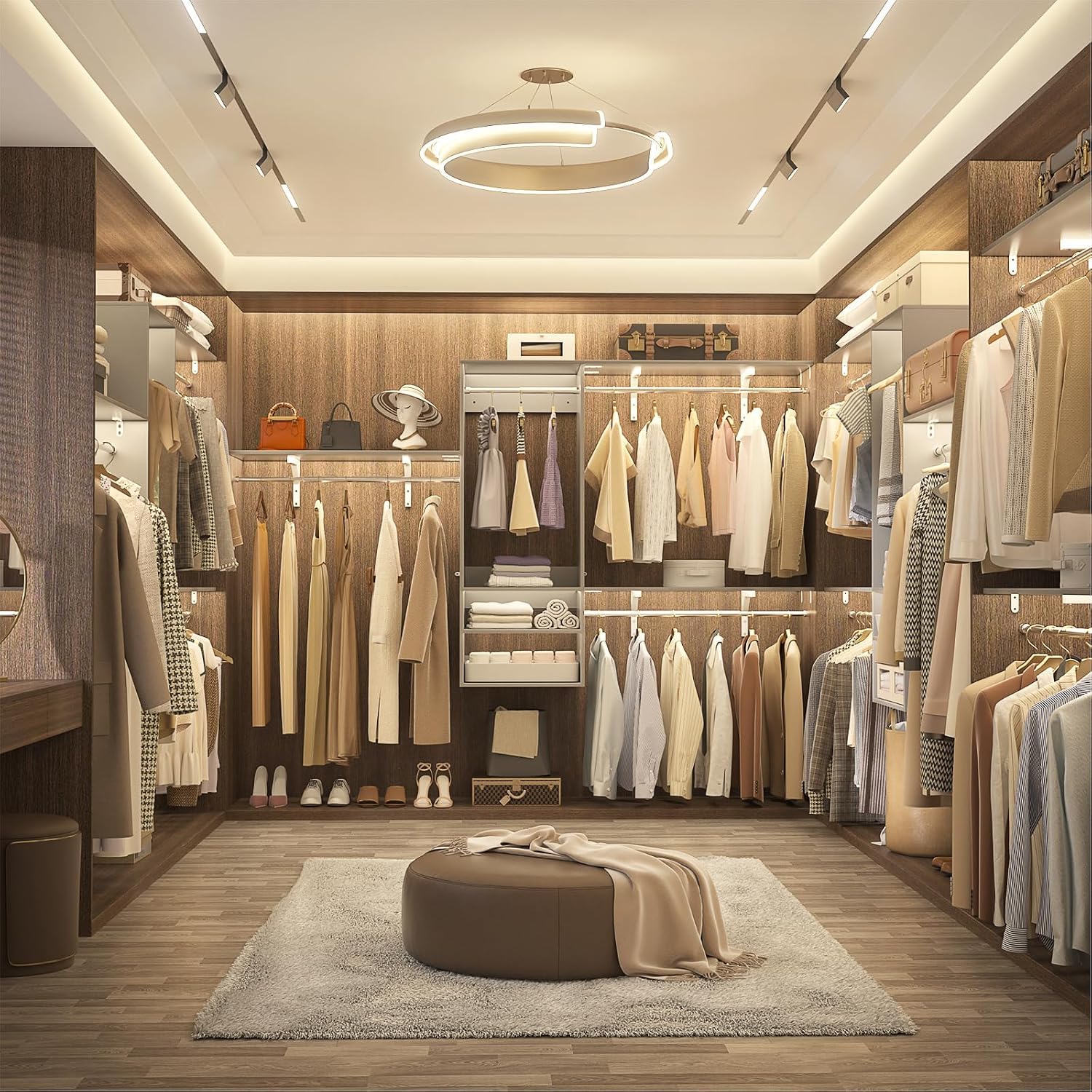 8FT Hanging Closet System, 96 Inch Closet Organizer System with Hanging Rod, Walk In Mounted Closet System, Built-In Clothes Garment Rack with 3 Shelving Towers(Can Be Cut To Fit), Grey