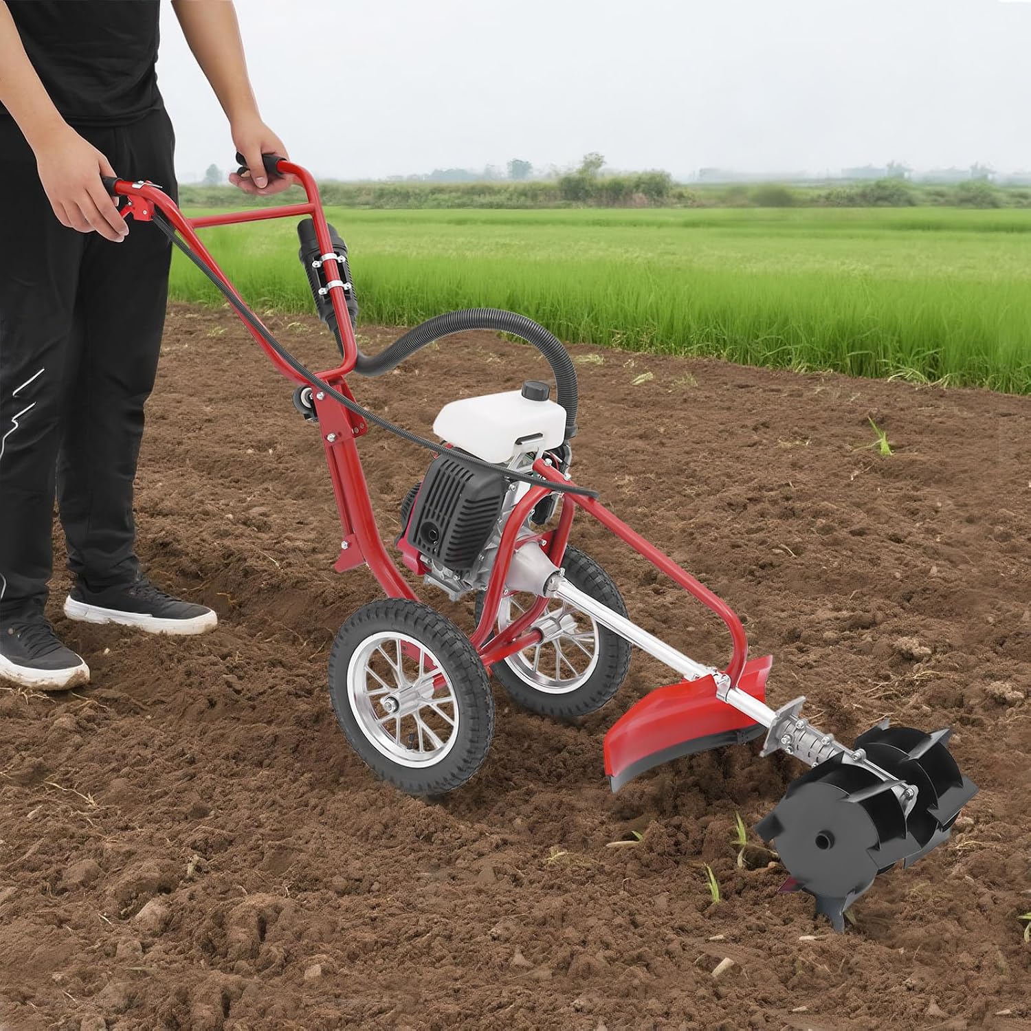 Mini Garden Tiller Cultivator, 4 Stroke 4HP 63CC Gas Powered Garden Cultivator, 3 in 1 Heavy Duty Walk Behind Tillers with Widened Mud Flap for Mowing, Tilling and Trenching