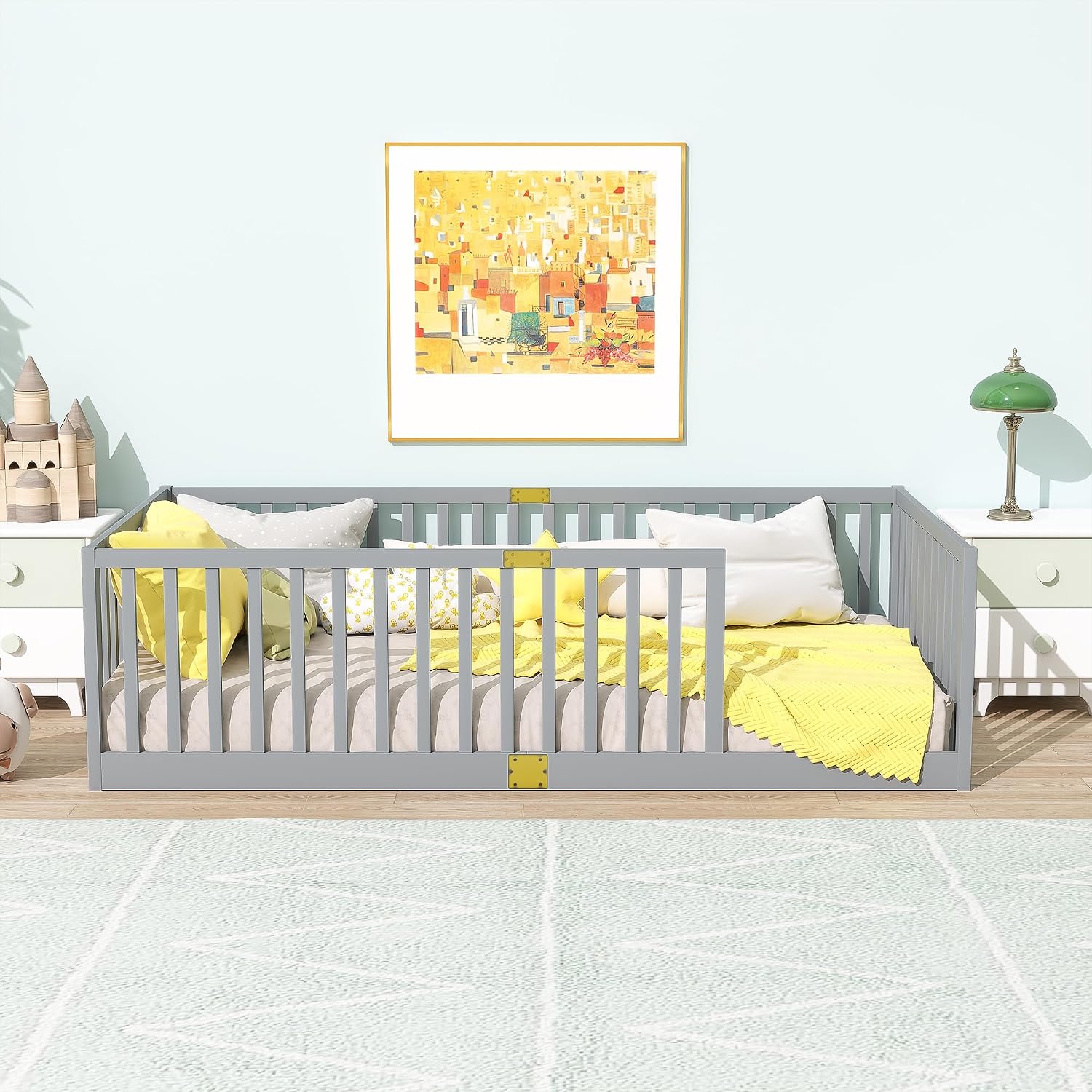 Twin Size Floor Bed with 21.5' High Rails, Solid Rubber Wood Montessori Bed Twin for Boys Girls, Low Profile Kids Beds Frame with 6 Slats, No Box Spring Needeed, Grey
