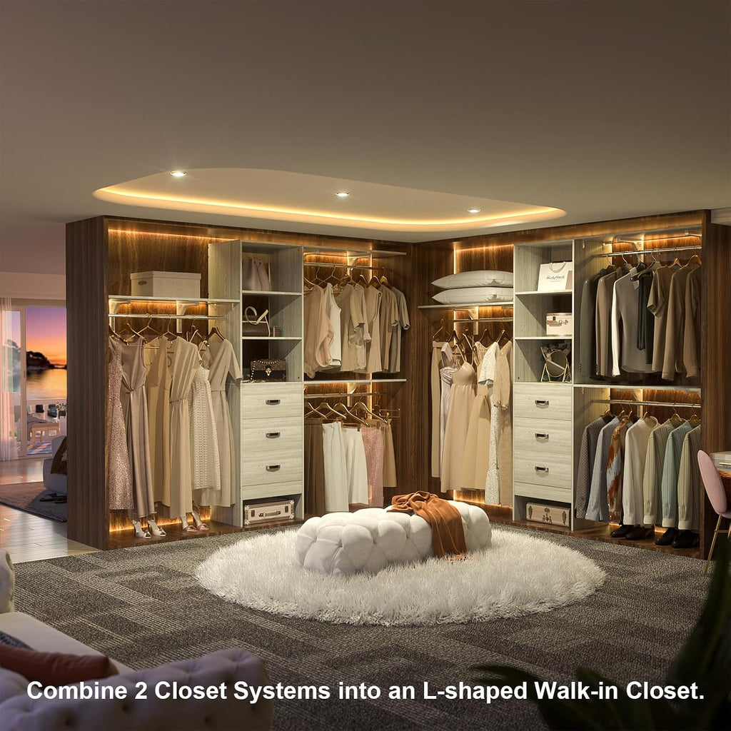 iSunirm 8FT Closet System, 96'' Closet Organizer System with 3 Hanging Rods, Wall Mount Bedroom Wardrobe with 3 Drawers Walk-in Closet, Adjustable Garment Rack from 5 to 8FT(Cut to Fit), White Oak