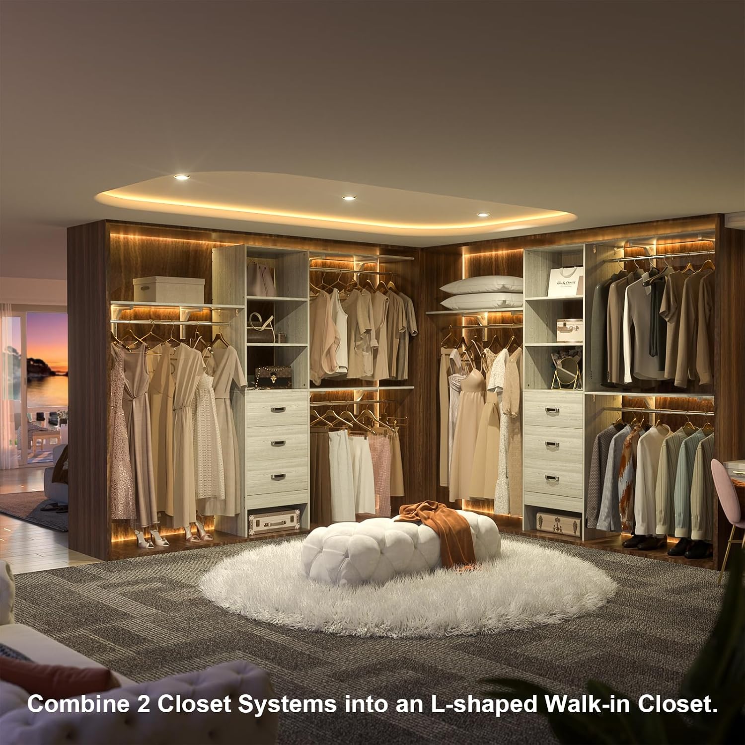 iSunirm 8FT Closet System, 96'' Closet Organizer System with 3 Hanging Rods, Wall Mount Bedroom Wardrobe with 3 Drawers Walk-in Closet, Adjustable Garment Rack from 5 to 8FT(Cut to Fit), White Oak