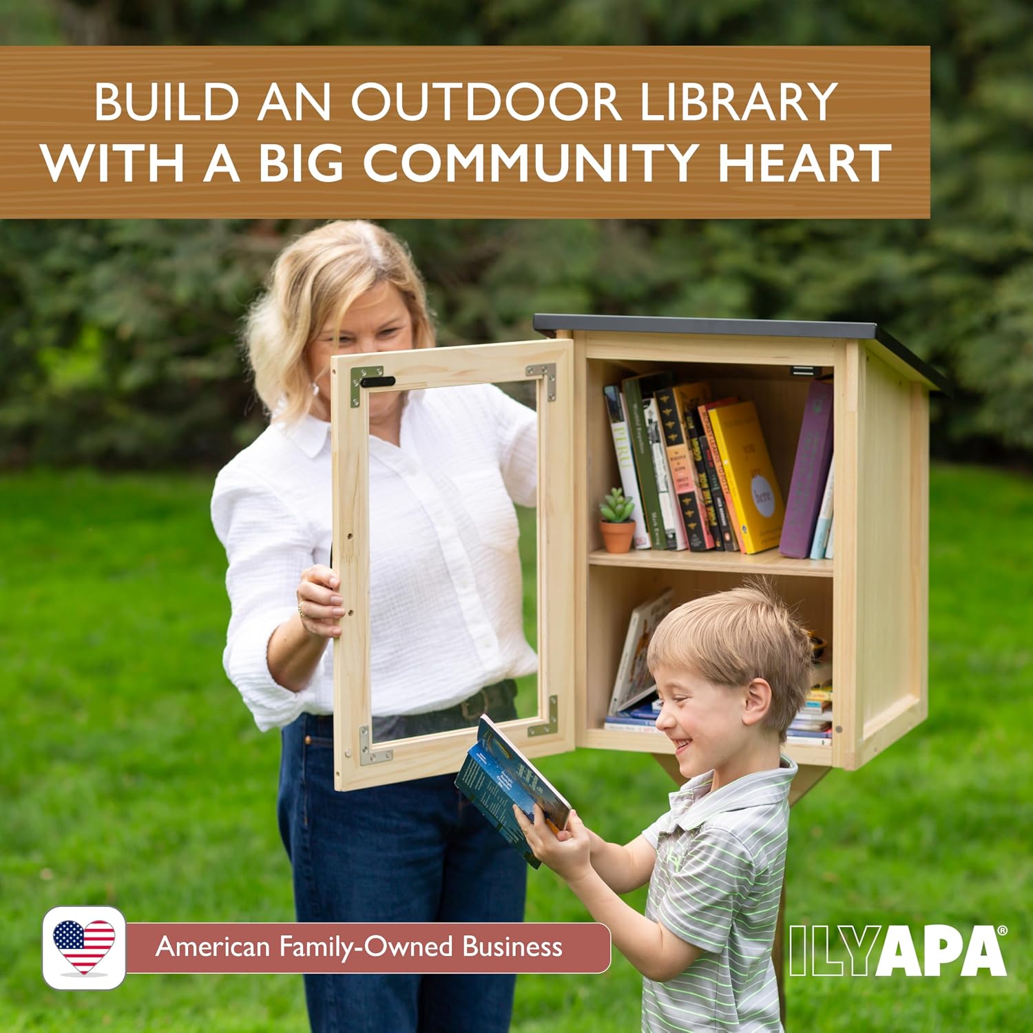 Ilyapa Outdoor Library Book Box - Free Literature Exchange Kit for Outside - Little Wood Cabinet for Sharing Books and Arts - 16x14x22 Inch