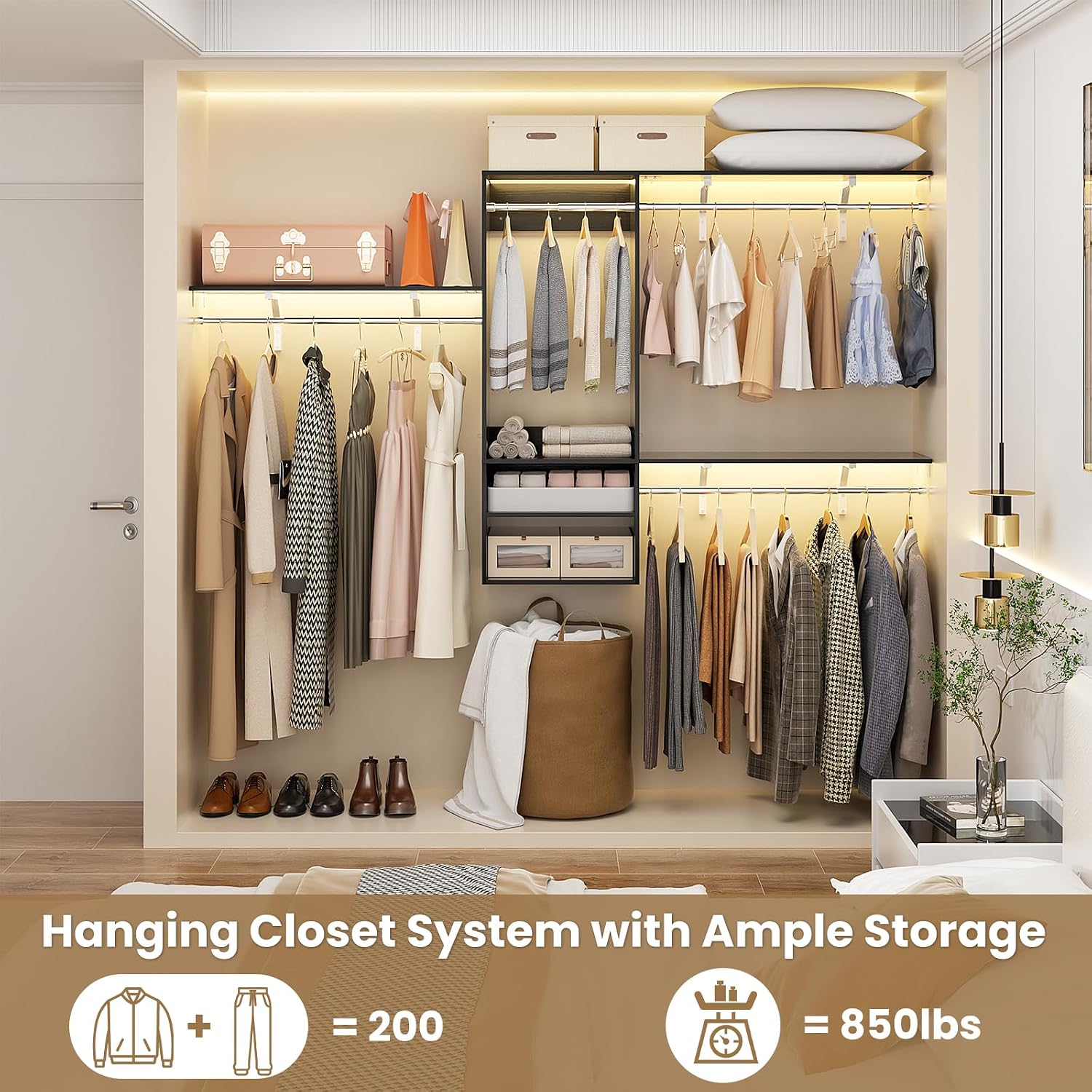 Besiost 8FT Hanging Closet System, 96 Inch Closet Organizer System with Hanging Rod, Walk In Mounted Closet System, Built-In Clothes Garment Rack with 3 Shelving Towers(Can Be Cut To Fit), Black