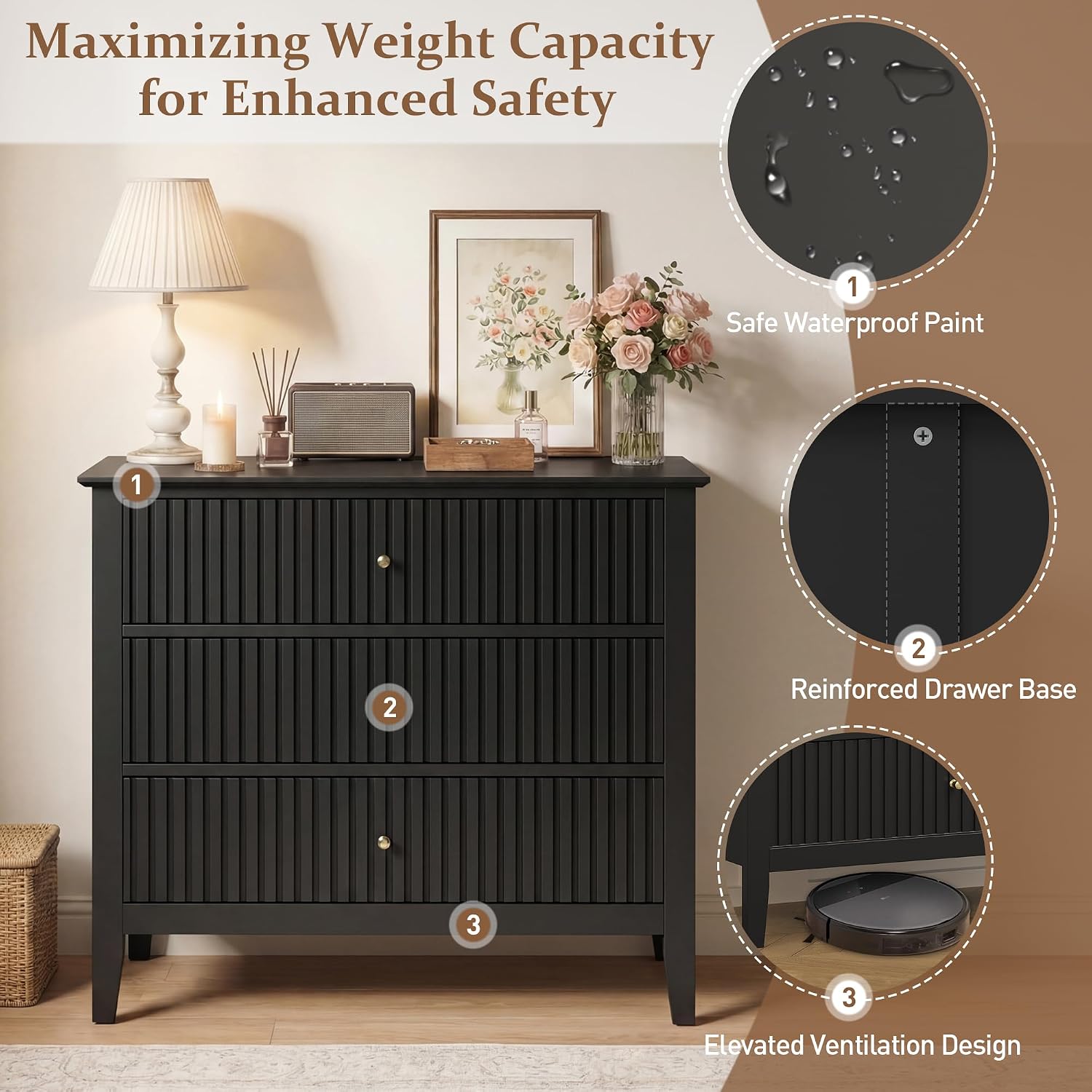 RoyalCraft 32' Large Nightstand Set of 2, Fluted Painted Bedside Table with 3 Spacious Drawers, Modern Tall End Table for Bedroom, Black